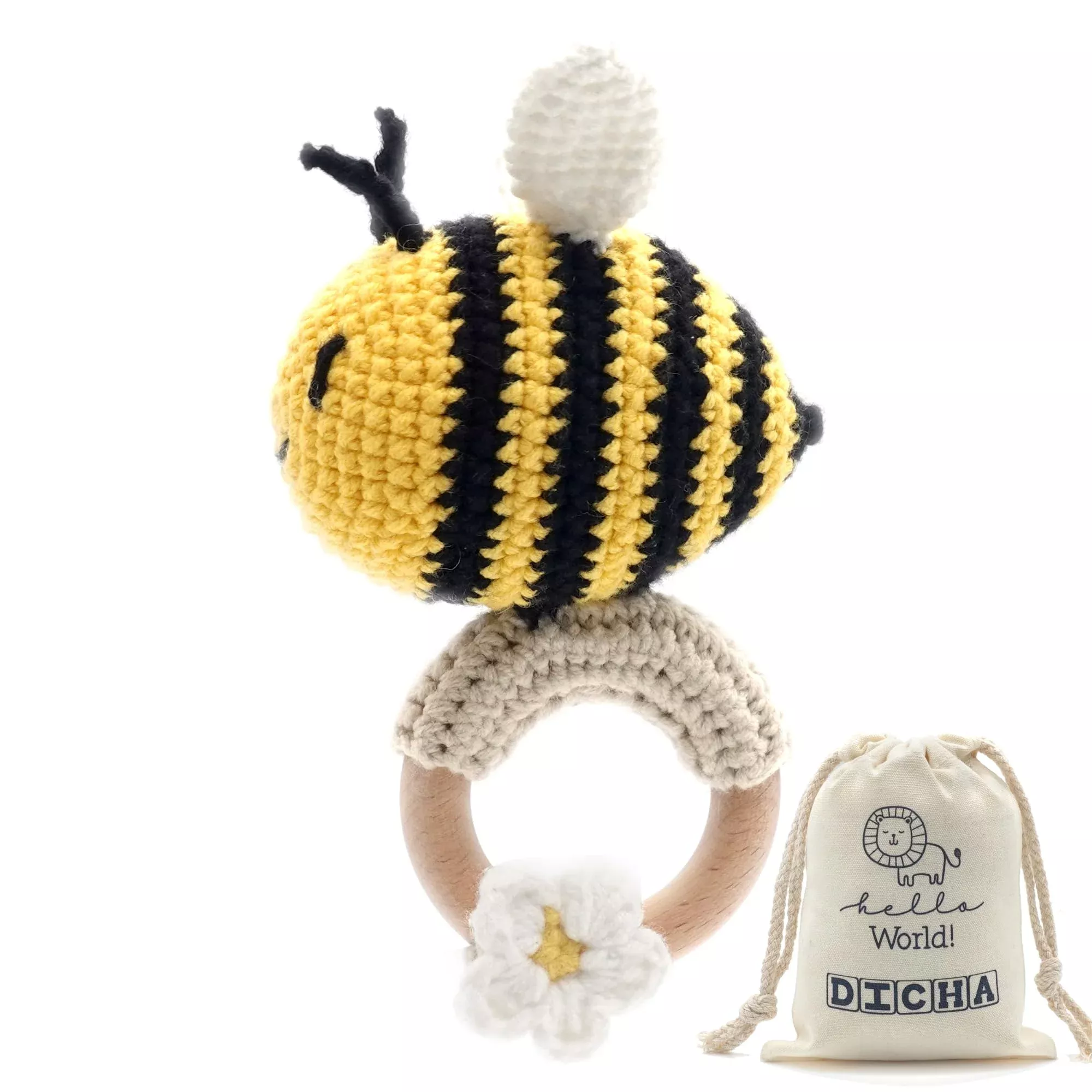 DICHA Wood Baby Rattle - Eco-Friendly Crochet Teething Toy, Bee Color