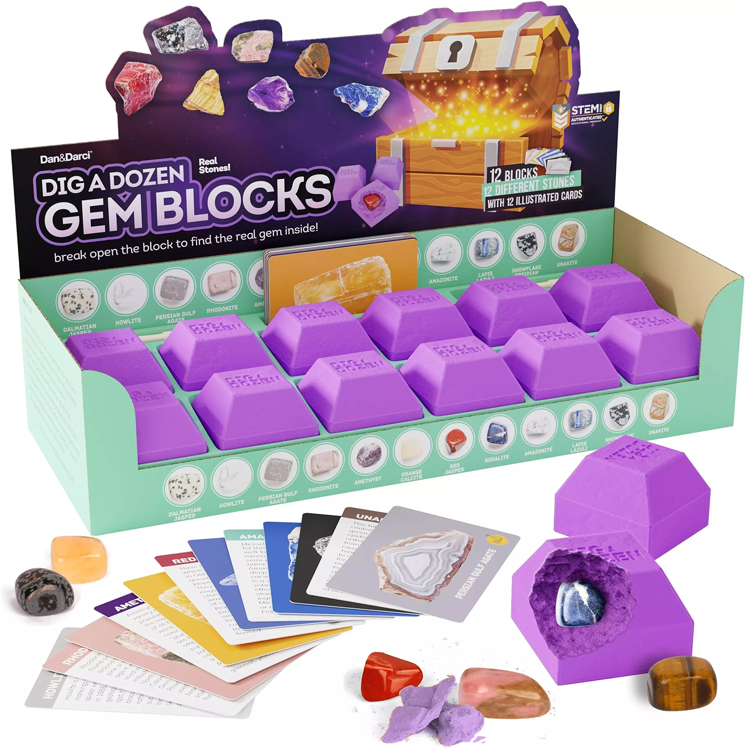 Dig A Dozen Gem Blocks Mining Kit For Kids - Discover 12 Unique Real G