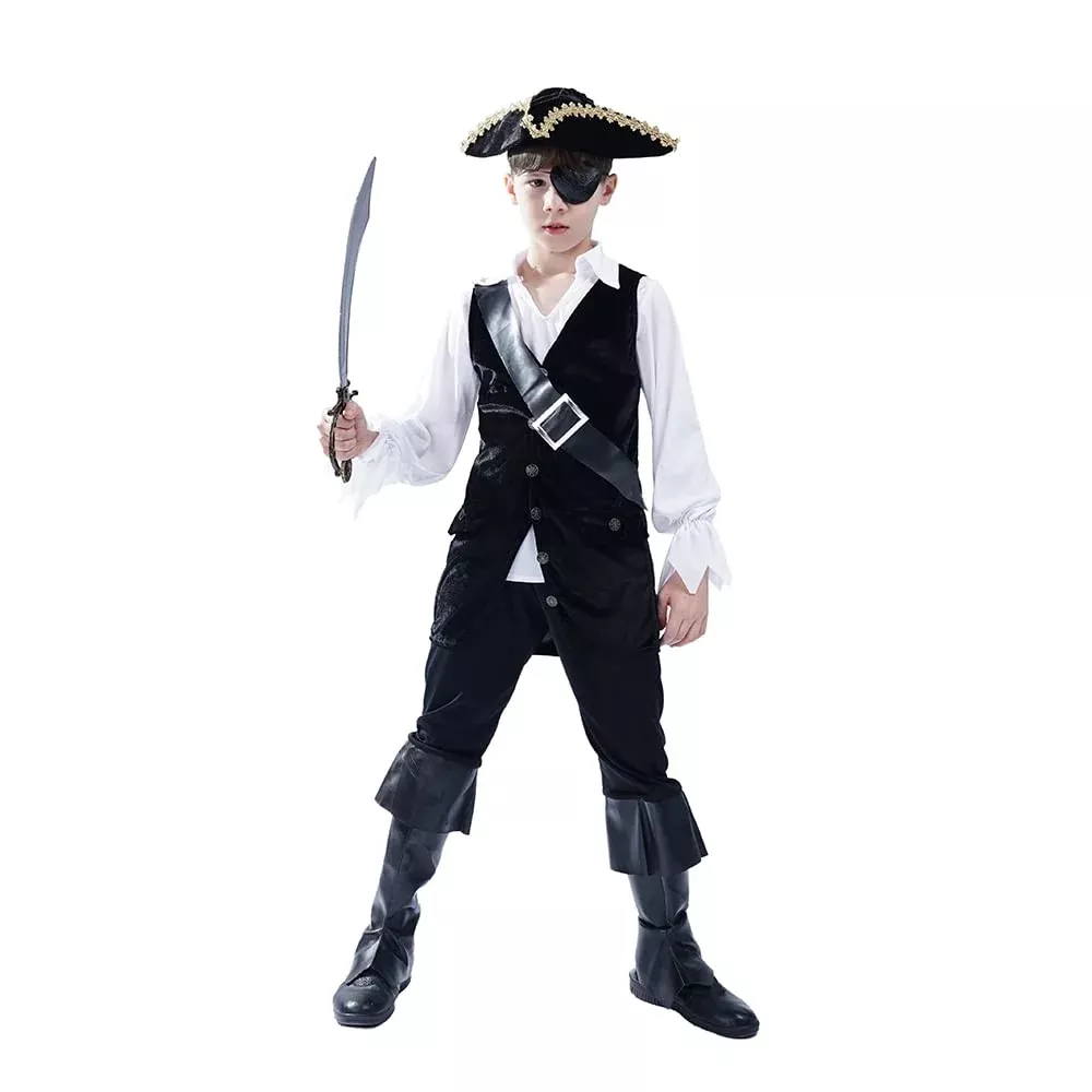 DSplay Boy's Pirate Costume Set Black T-Shirt Vest 4-6 Years