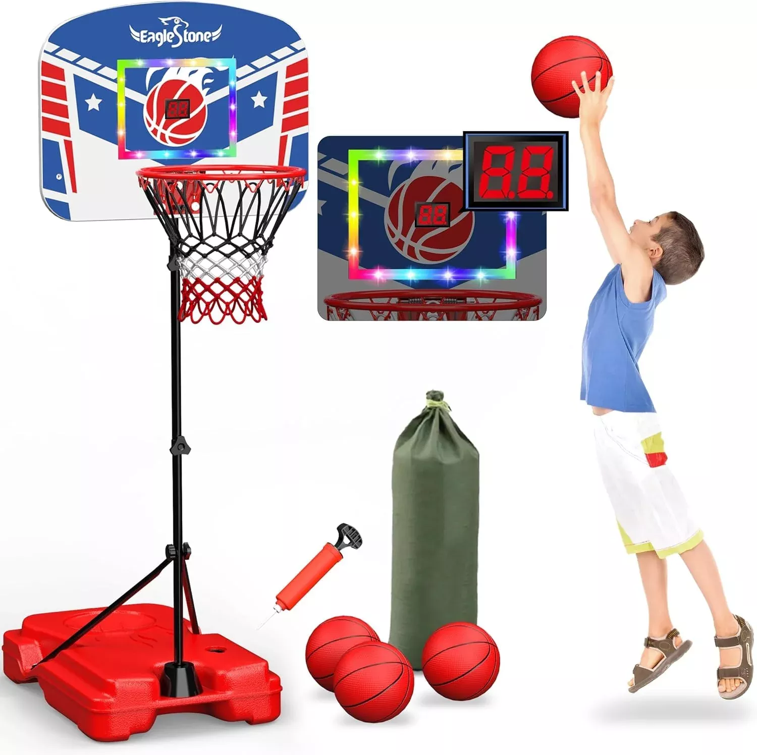 EagleStone Indoor Basketball Hoop with LED Lights & Scoreboard, Adjust