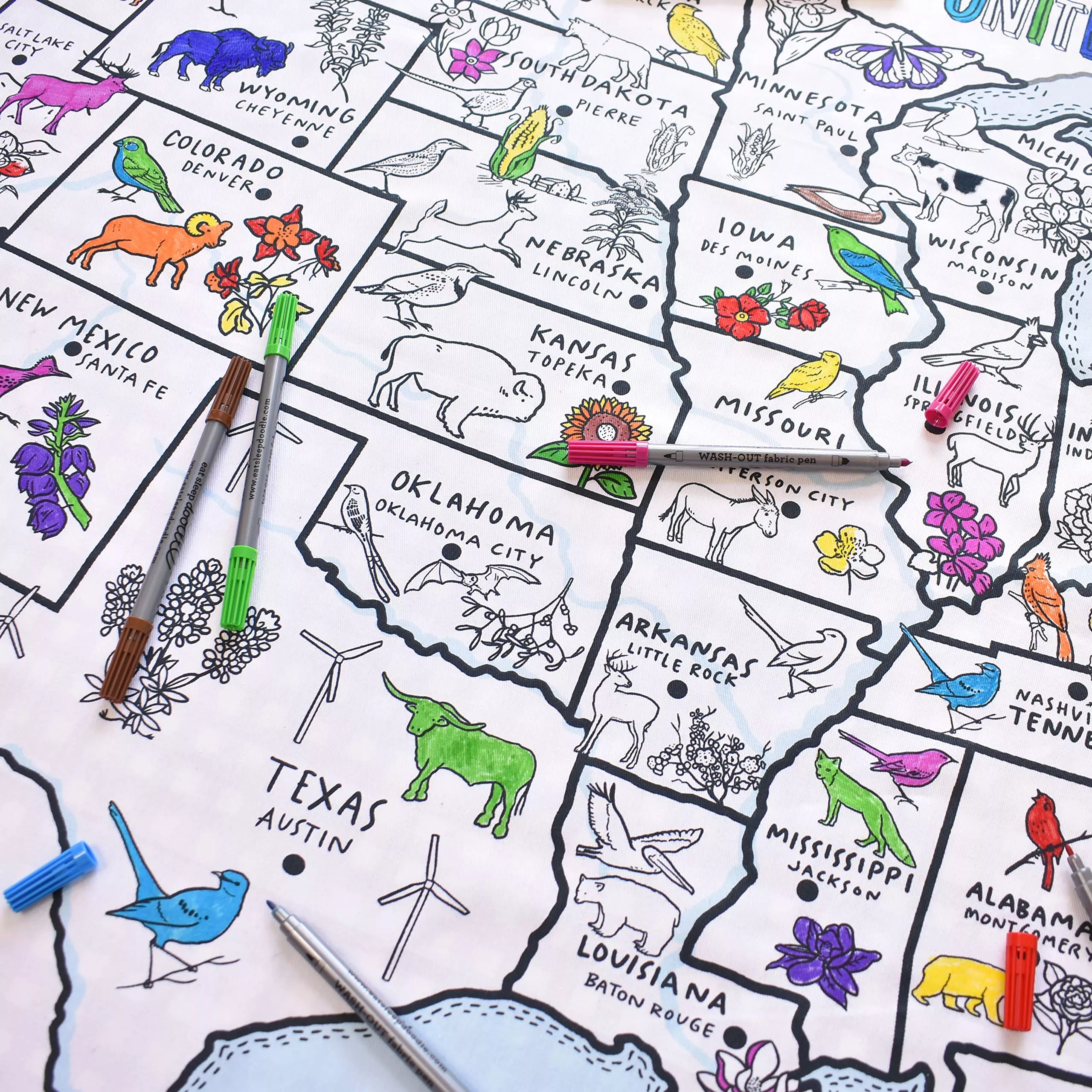 eatsleepdoodle US Map Coloring Tablecloth 50x33in White Cotton