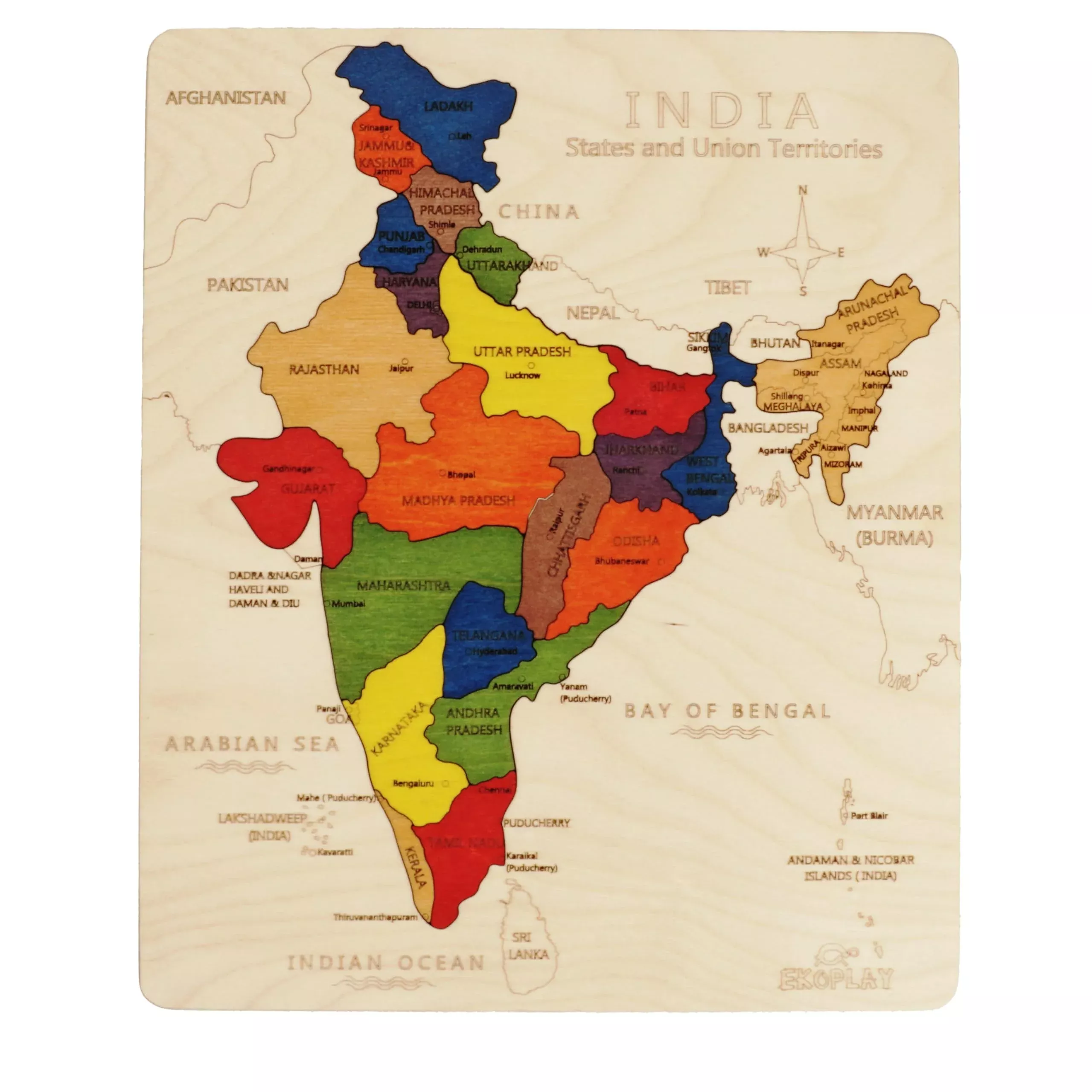 Ekoplay India Map Wooden Puzzle for Learning Geography, Multicolor
