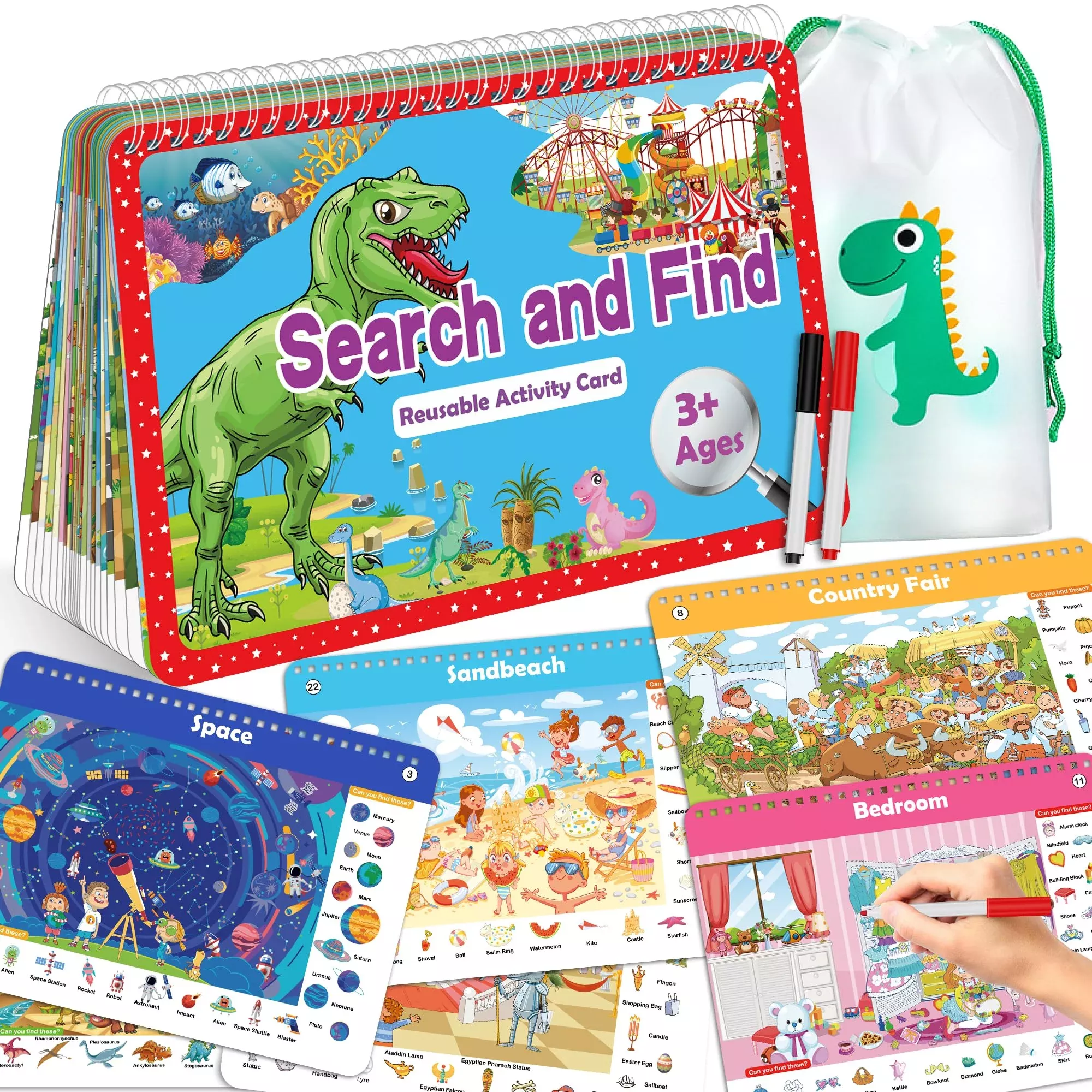 Elfew Search and Find Cards for Kids 3-8, 24 Themes, Reusable