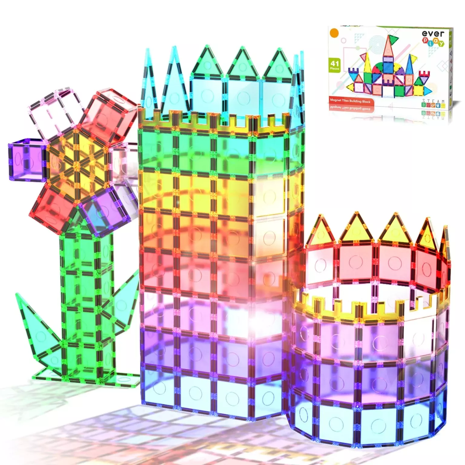 Everplay 41pcs Magnetic Tiles Set for Kids, STEM Building Toys, Multiple Colors