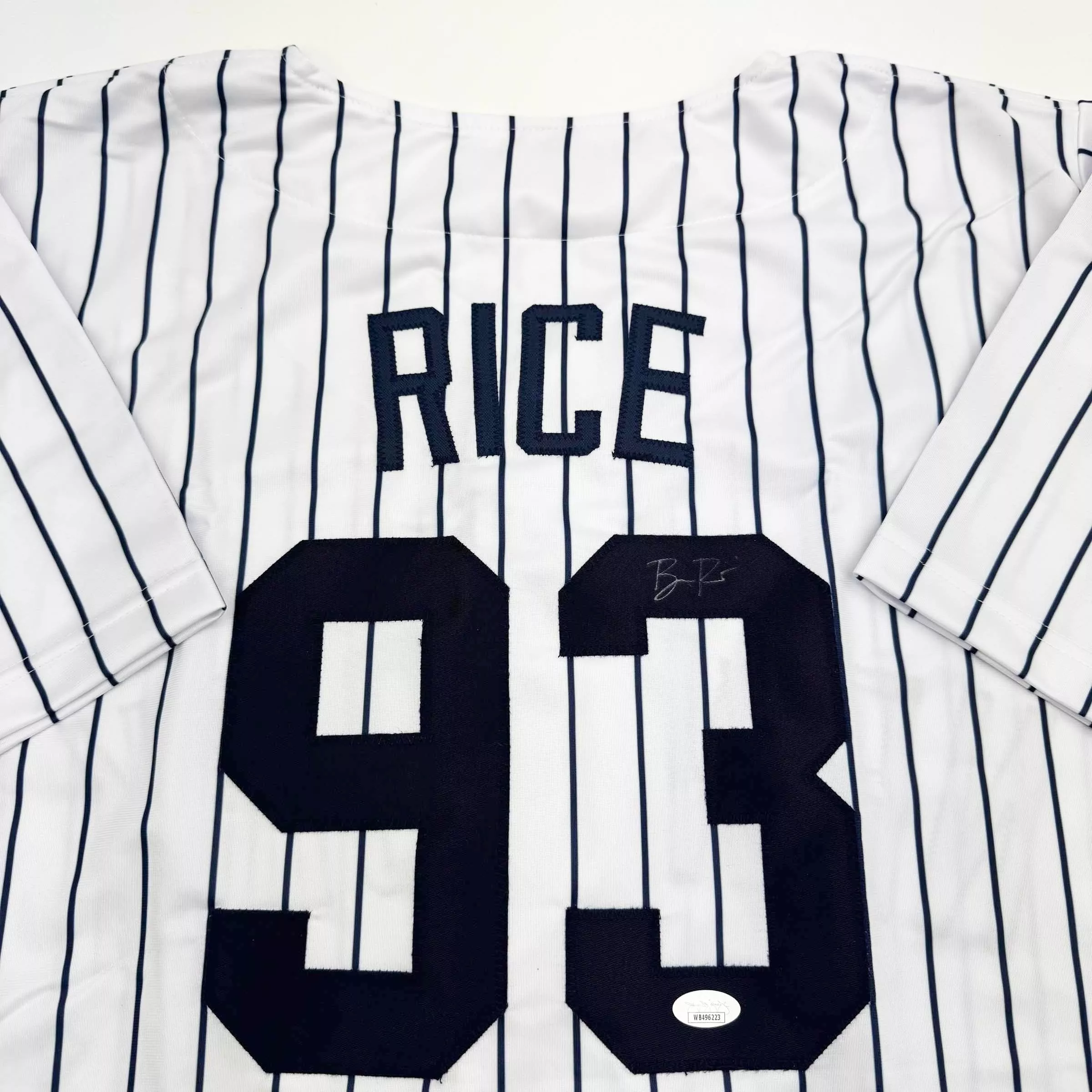 FADED Autographed/Signed Ben Rice New York Pinstripe Baseball Jersey JSA COA