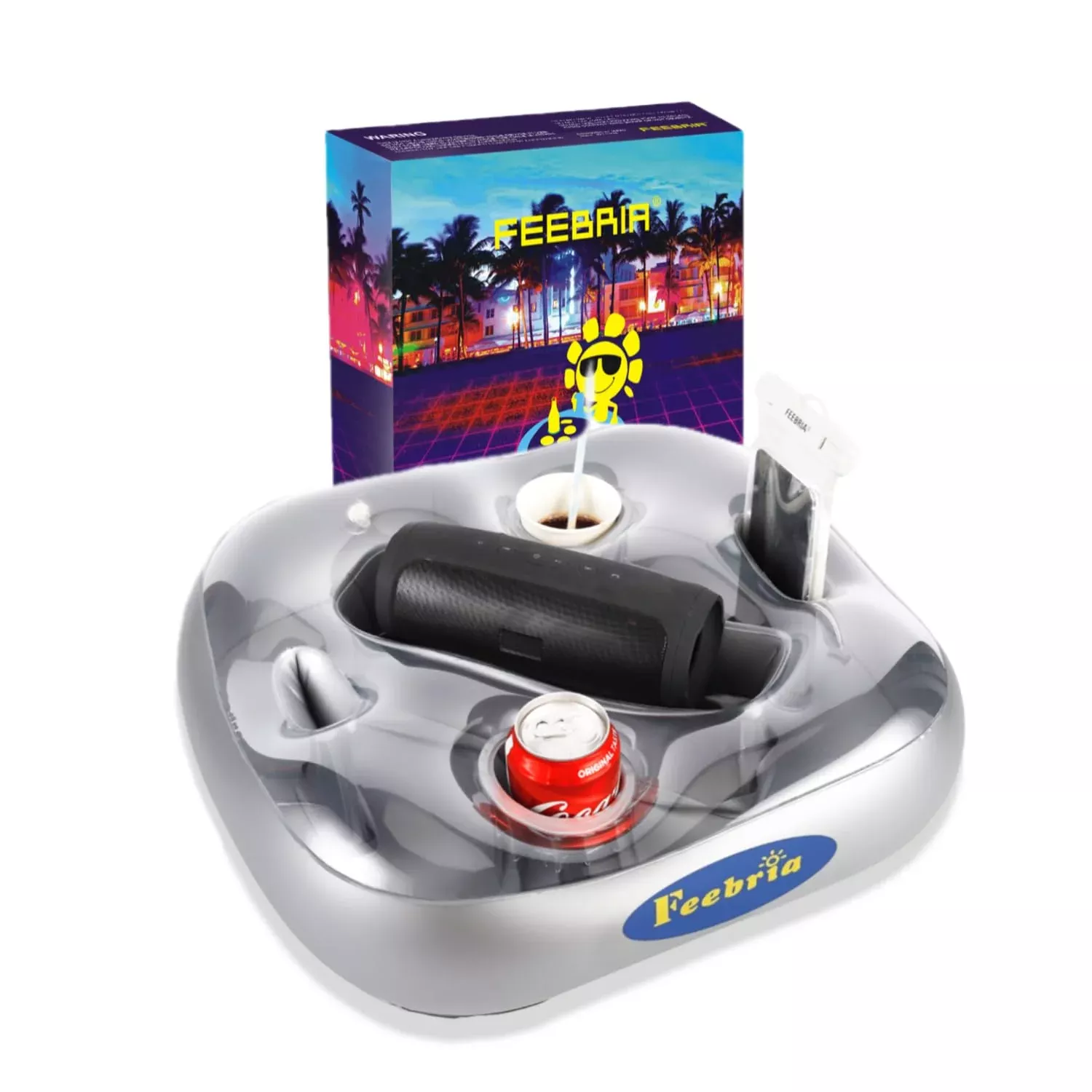 FEEBRIA Floating Inflatable Drink Holder for Pool, Silver, Super Size