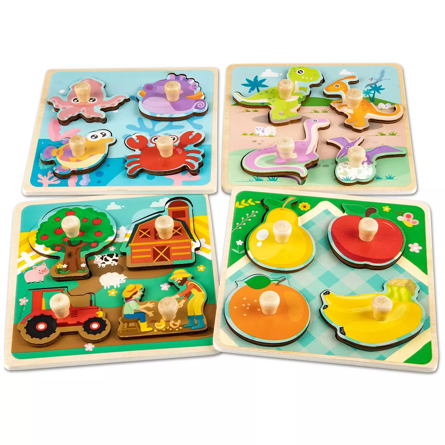 Funsland Wooden Toddler Puzzles - 4 Knob Designs, 5.9