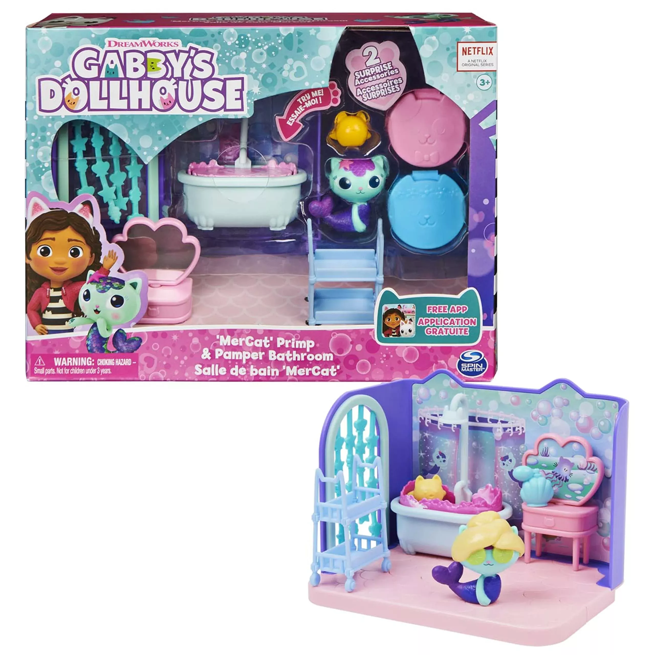 Gabby's Dollhouse Primp and Pamper Bathroom Set, Mercat Figure, 3 Acce