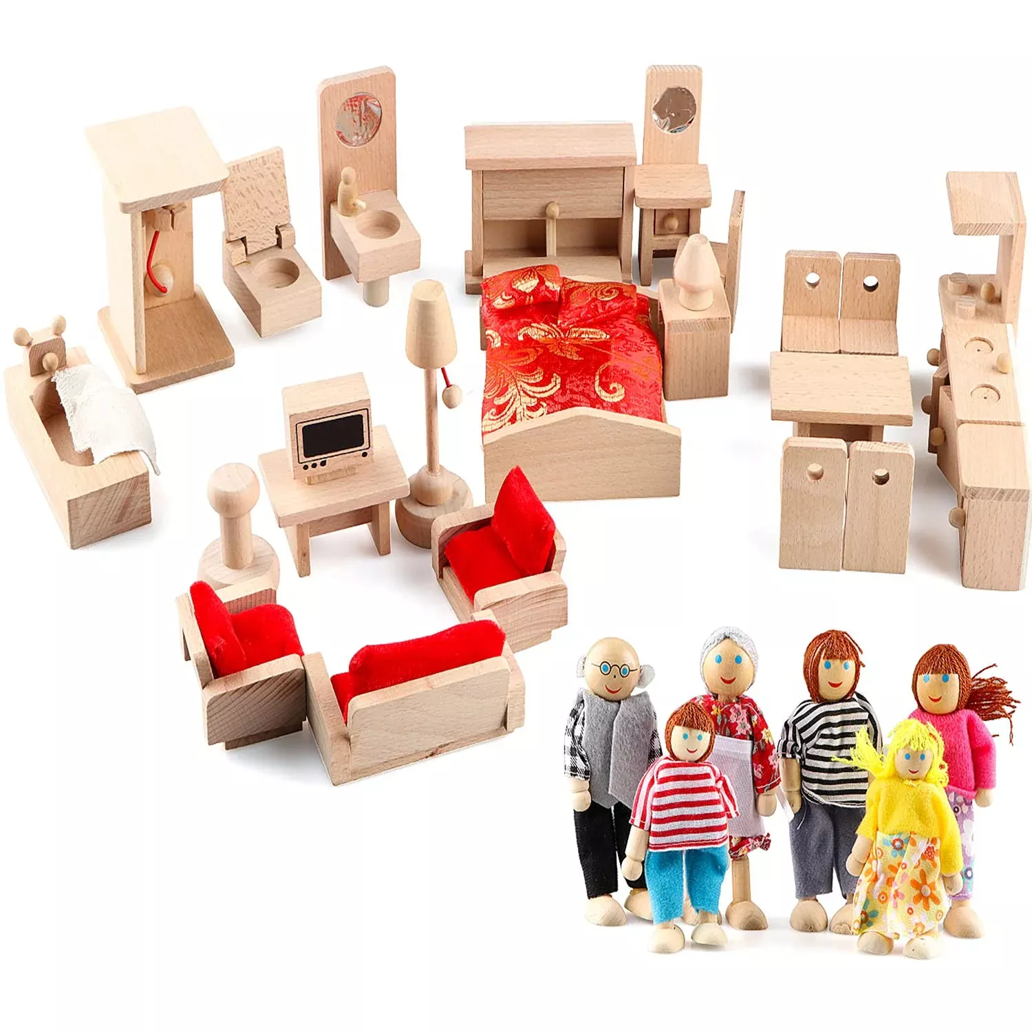 Gemileo Dollhouse Furniture Set - 40 Pcs Wooden Accessories, Multicolor