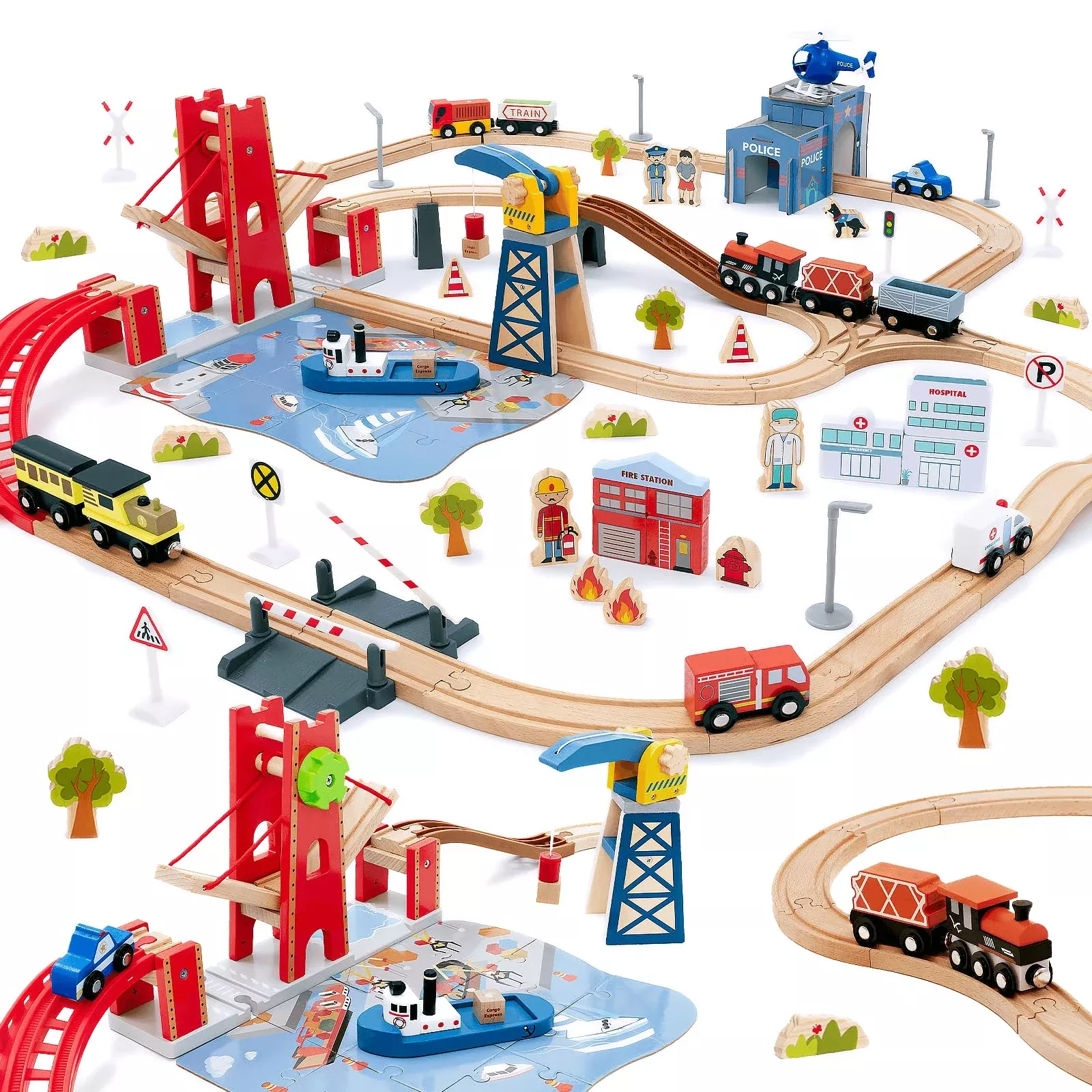 Giant Bean 117 Pcs Busy Port City Train Set for Kids, Wooden Track