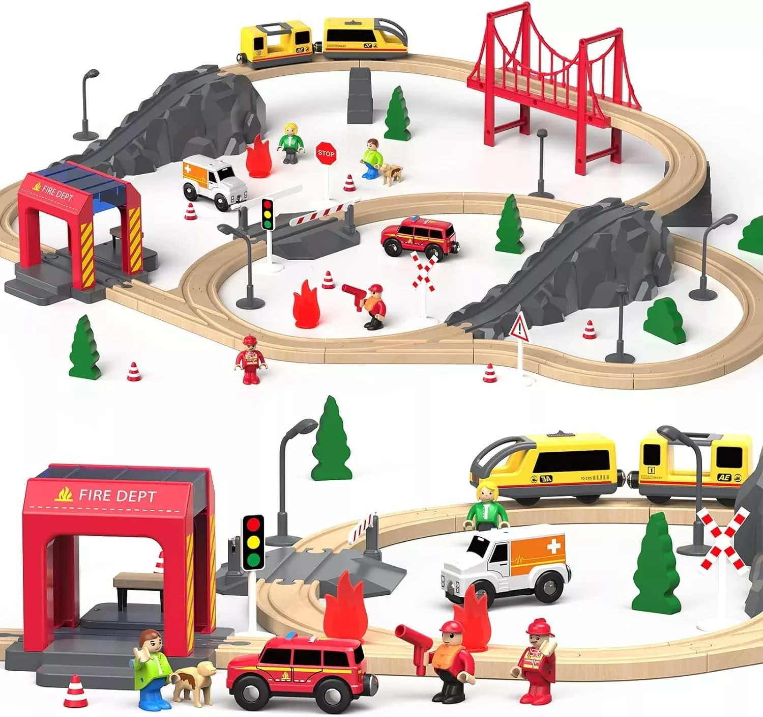 Giant Bean Wooden Train Set for Toddlers, 72pcs Fire Station Theme
