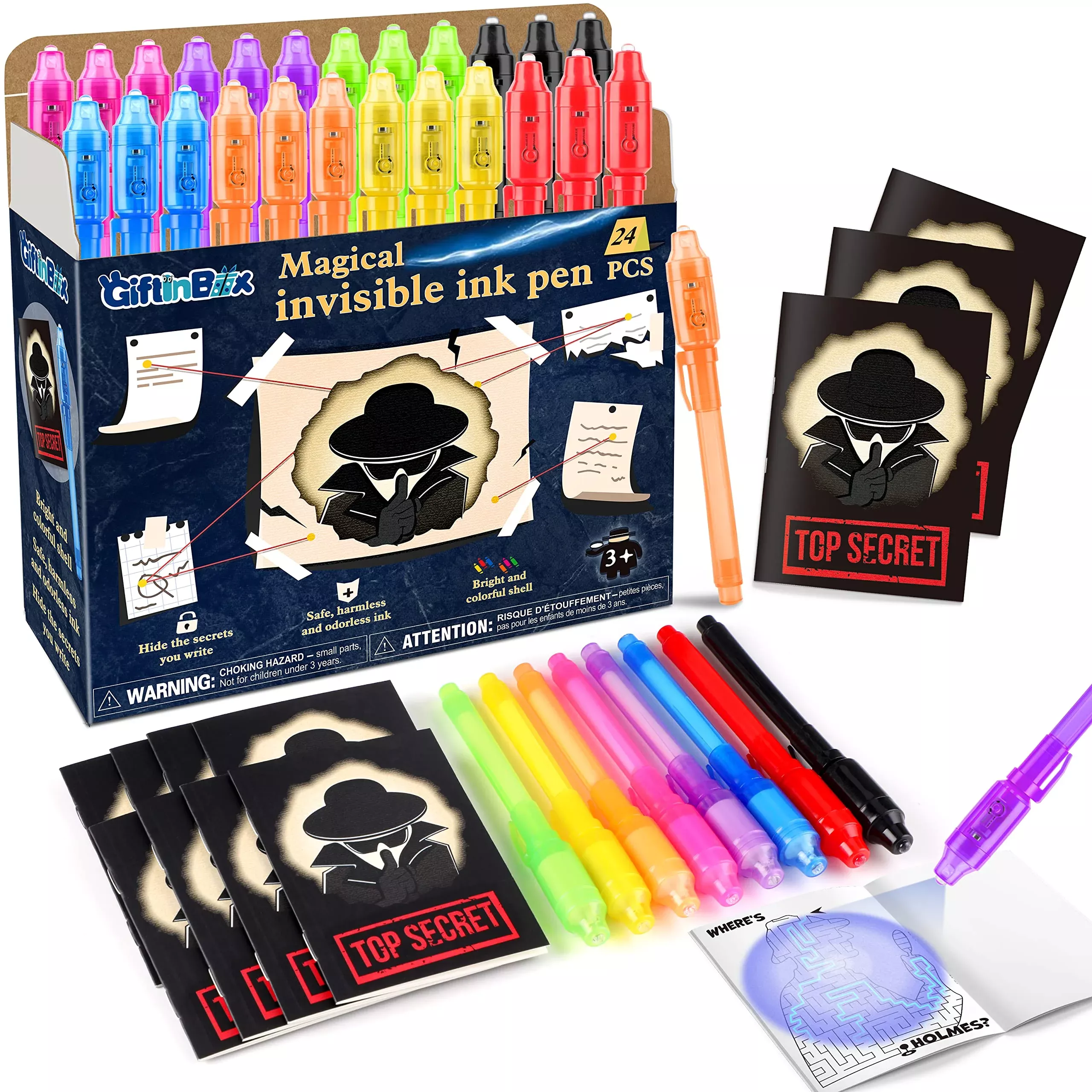 GIFTINBOX Invisible Ink Pen Set for Kids, 24 Pens & Notebooks, Spy