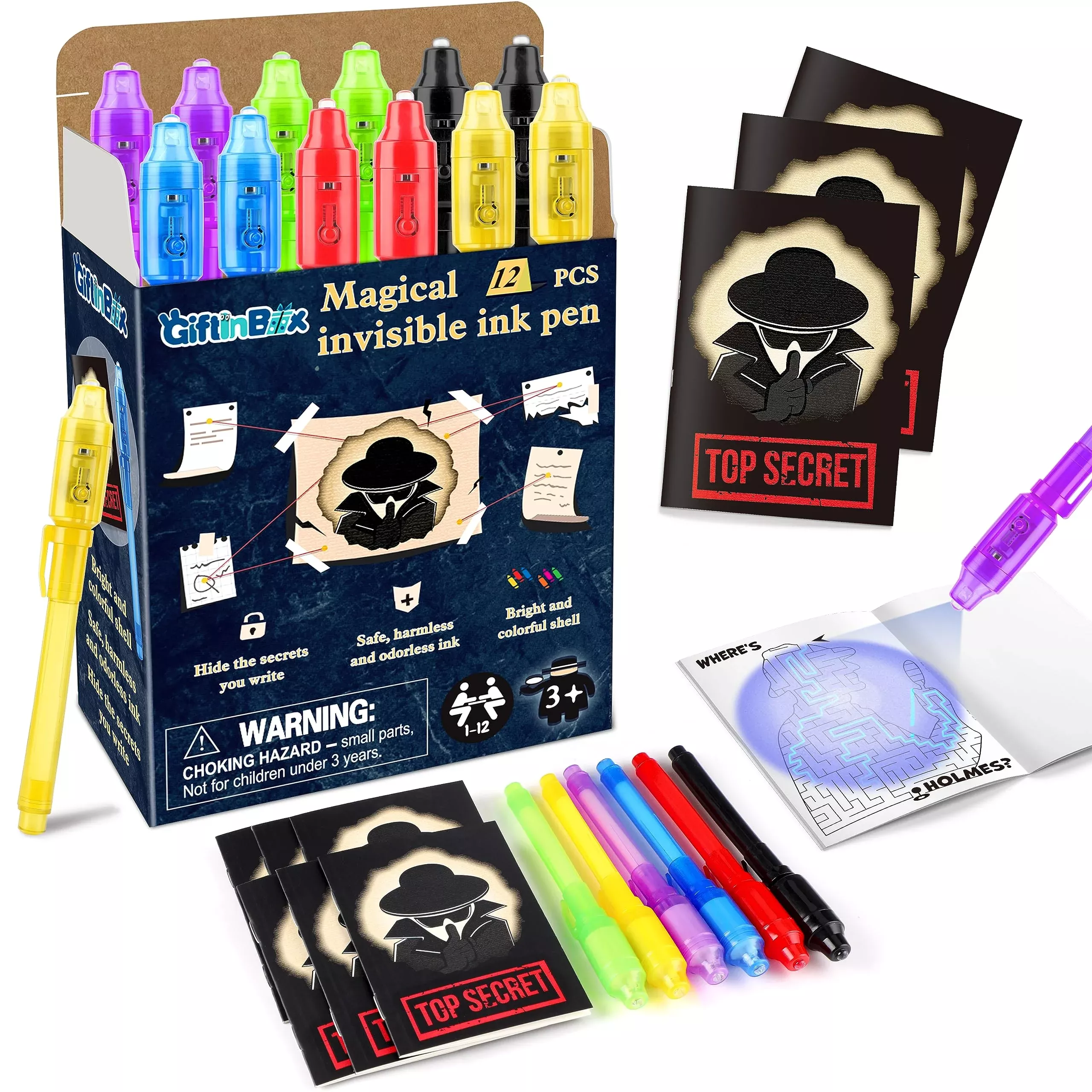 GIFTINBOX Invisible Ink Pen Set with Notebooks, Spy Theme, 12 Count
