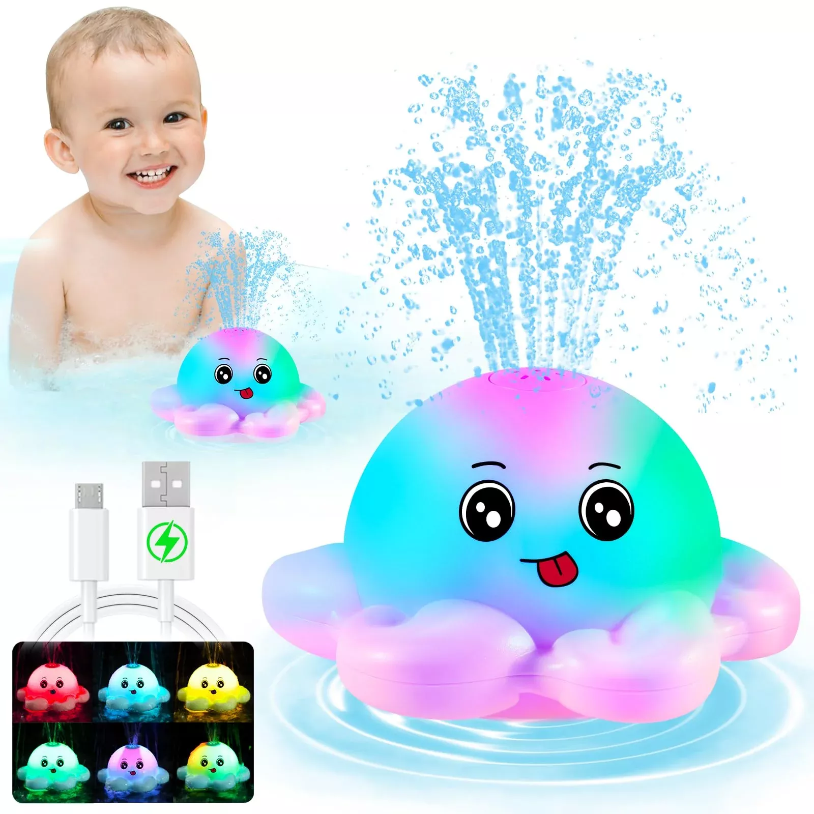 Gigilli Octopus Bath Toy for Toddlers, Rechargeable, Pink, Small