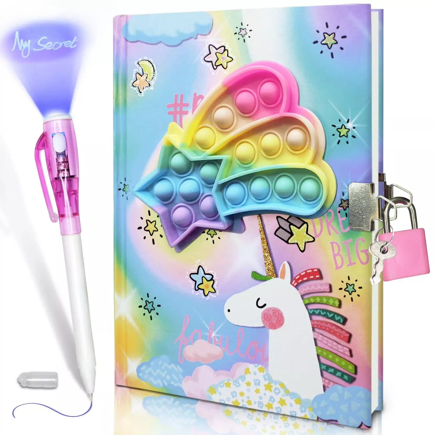 GINMLYDA Pop Fidget Rainbow Star Diary with Lock, 7.5x5