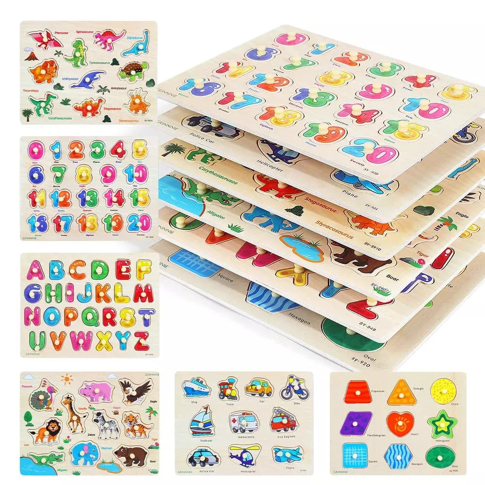 GR GRINNNIE Wooden Peg Puzzles Set - Bright, 6 Pieces, 7
