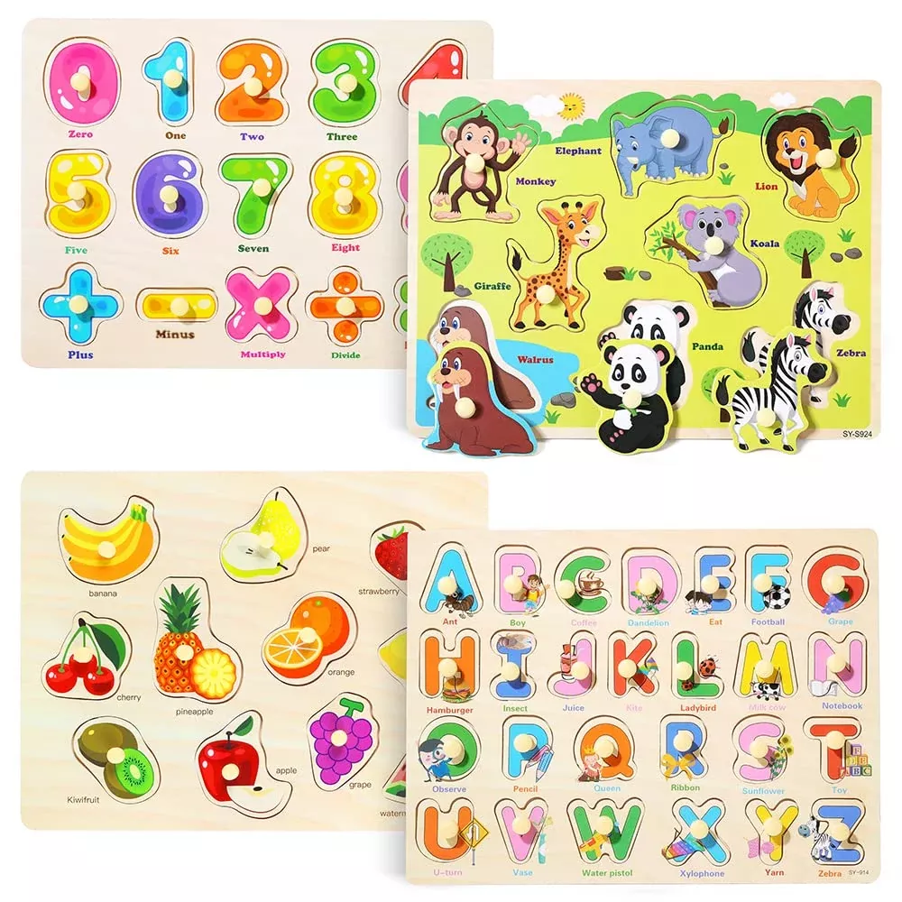 GR GRINNNIE Wooden Peg Puzzles Set for Toddlers - 4 Pack