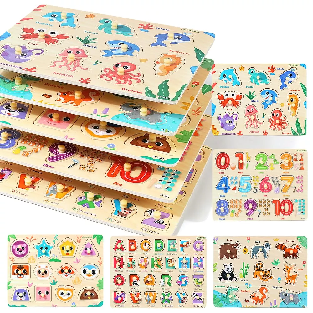 GR GRINNNIE Wooden Toddler Peg Puzzles 5 Pieces Educational Toy
