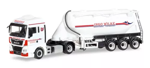 Herpa 308403 HO Scale MAN TGX Tractor, Silo Bulk Trailer - Assembled -- Ingo Wilke (white, red, German Lettering)