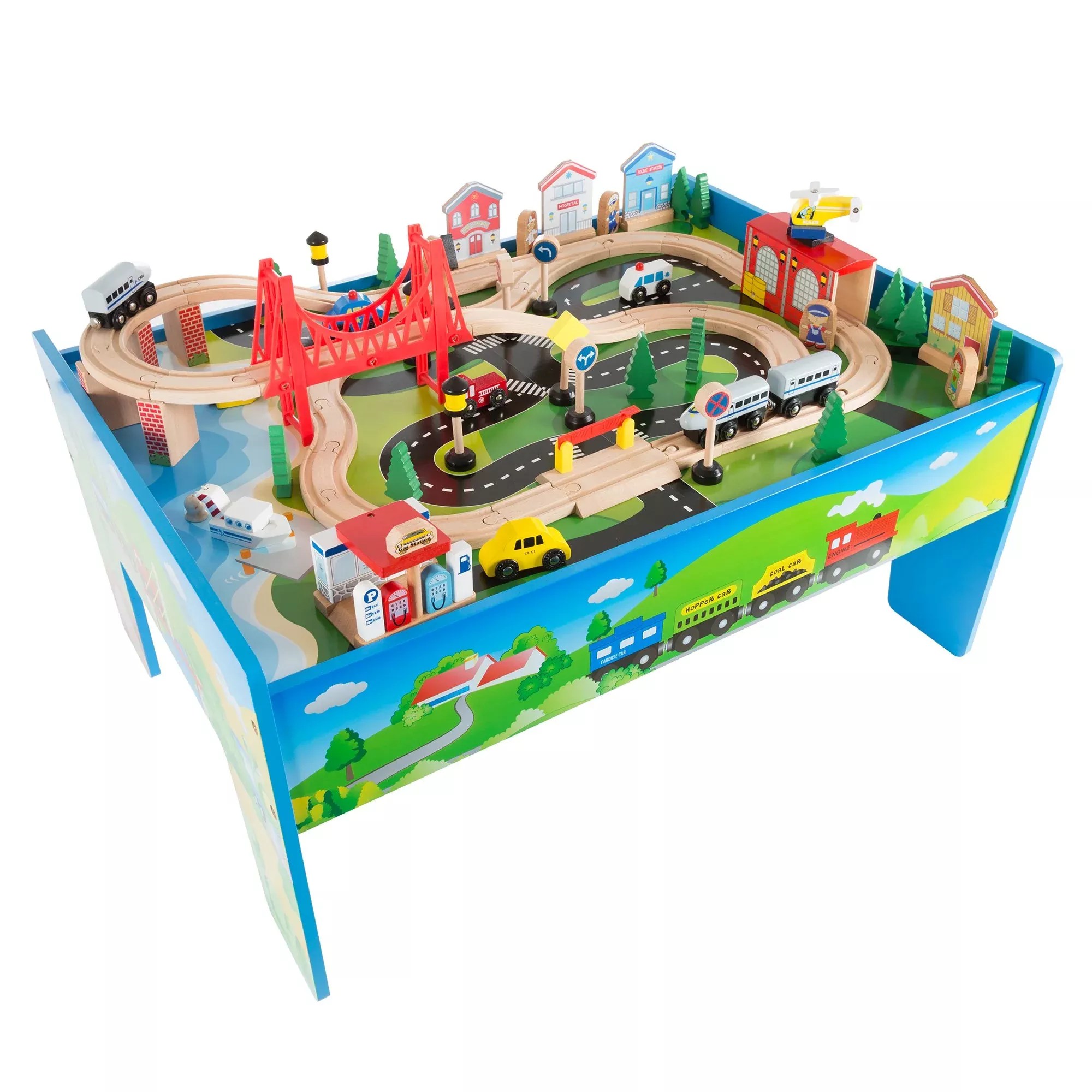 HEY! PLAY! 75-Piece Wooden Train Set with Play Table, Blue, Large