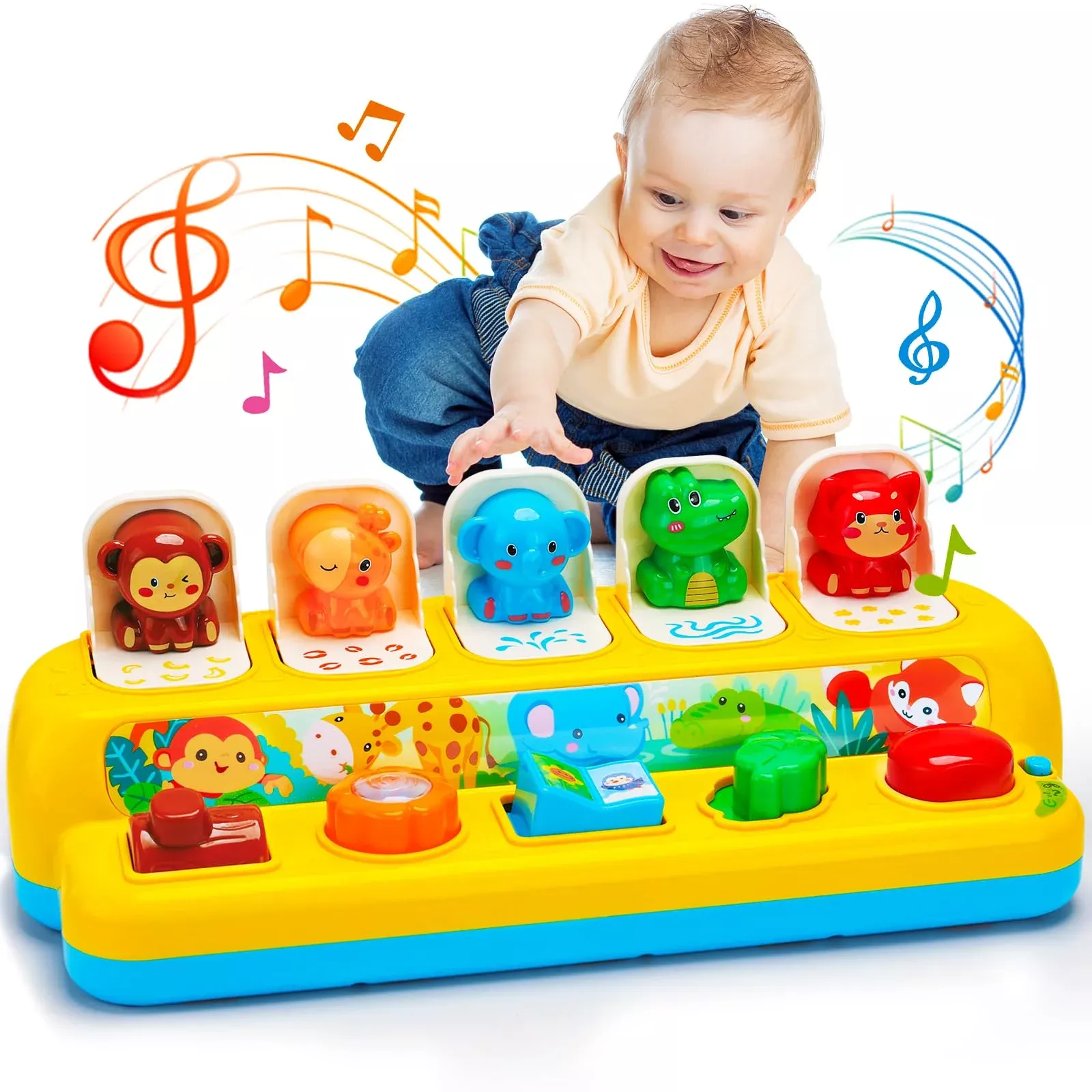 Hieoby Pop Up Animals Toy for Toddlers, Medium, Yellow, Musical