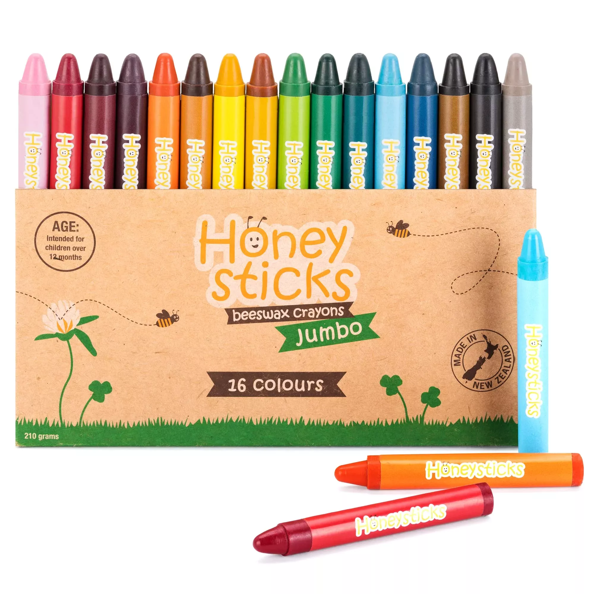 Honeysticks Jumbo Crayons 16 Pack - Non Toxic Beeswax, Multicolor