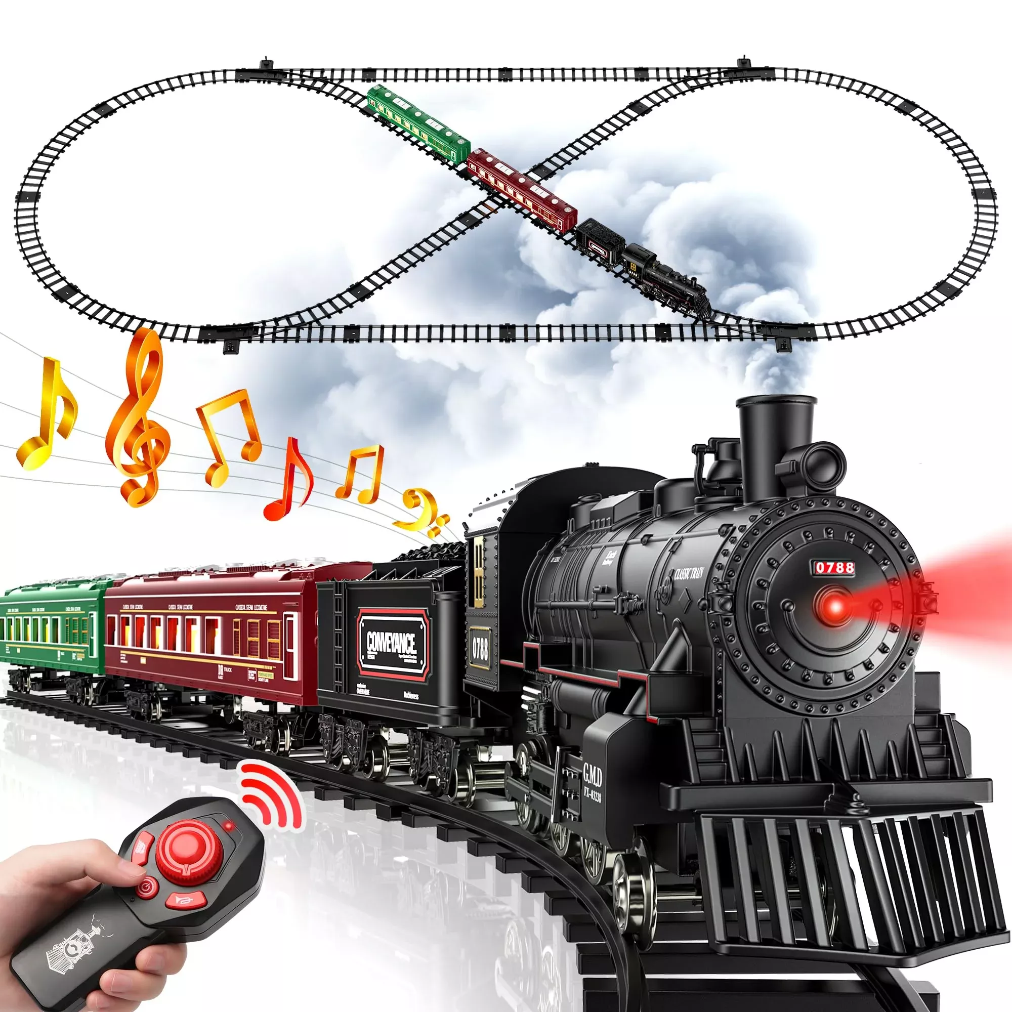 Hot Bee Model Train Set - Remote Control Steam Engine, 14"x18", Red/Green