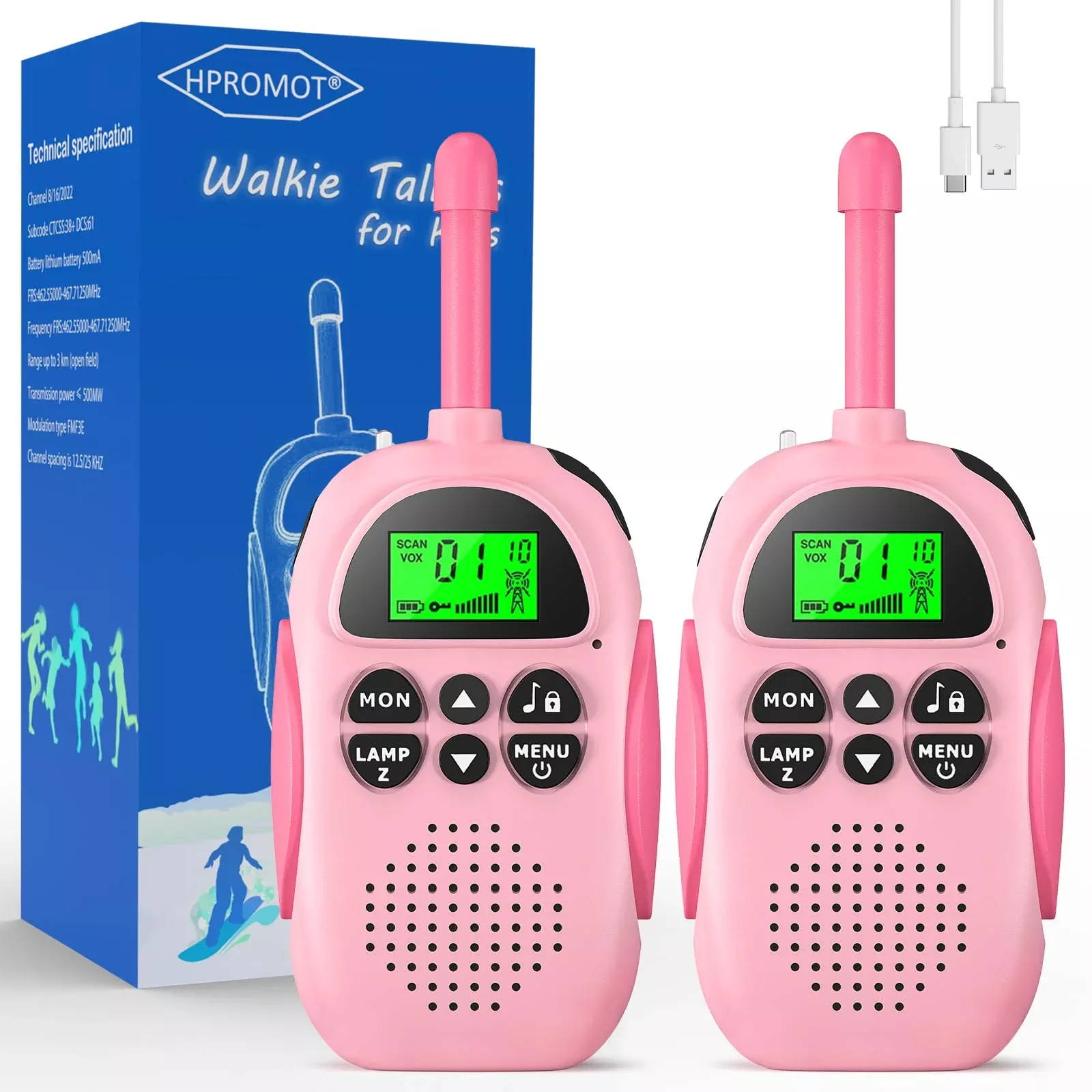 HPROMOT Kids Walkie Talkies Rechargeable 3 Mile Range Pink 2 Pack