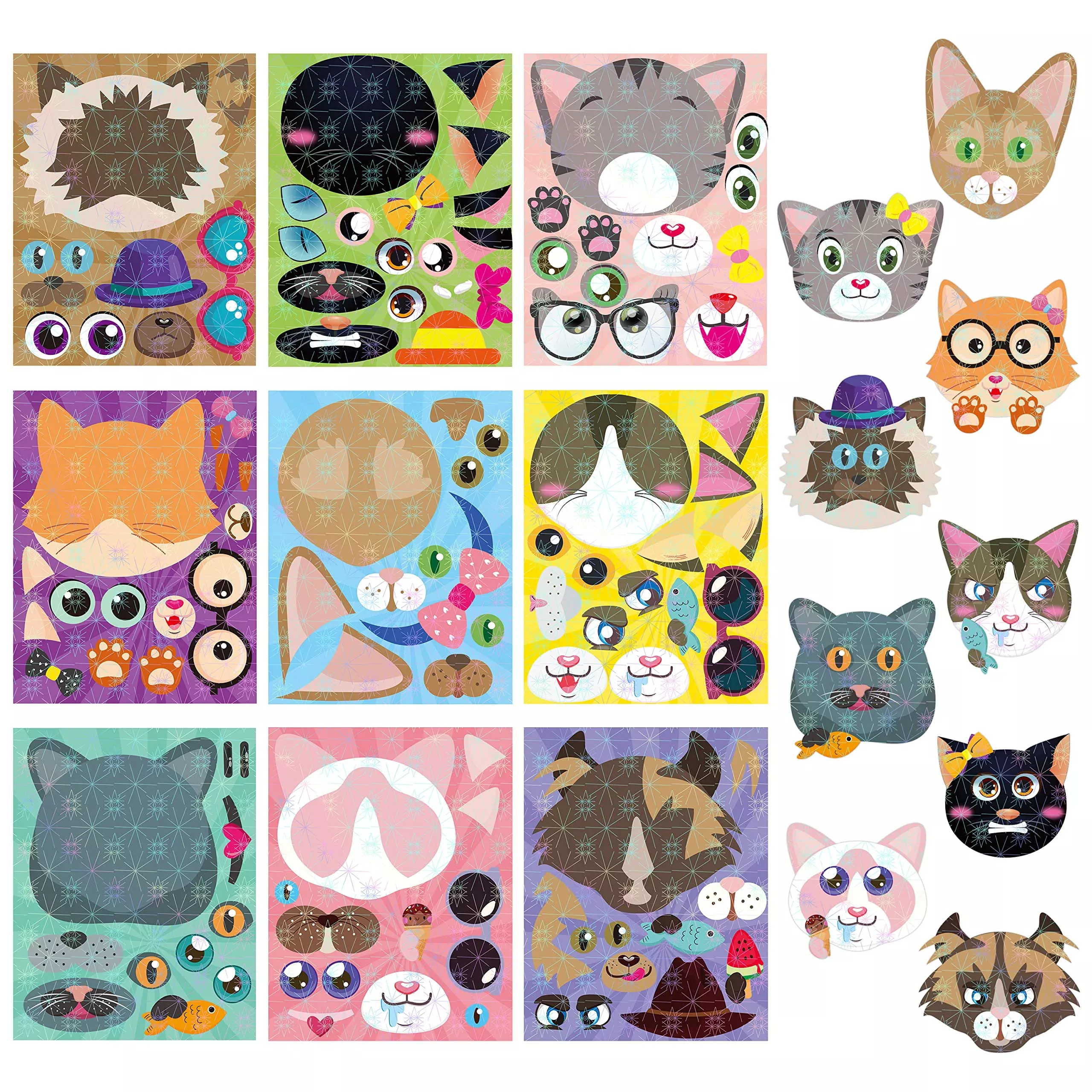 Hubirdsall 45Pcs Cats Make-A-Face Stickers Make You Own Cats Holograph