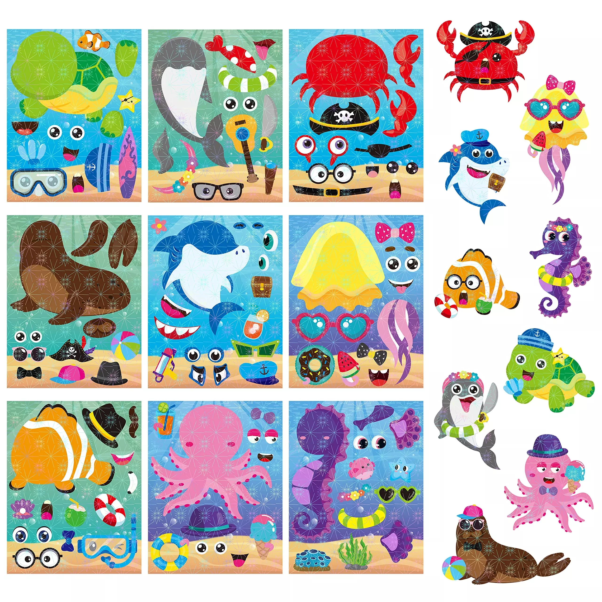 Hubirdsall 45Pcs Sea Make-A-Face Holographic Stickers Ocean Animals Di