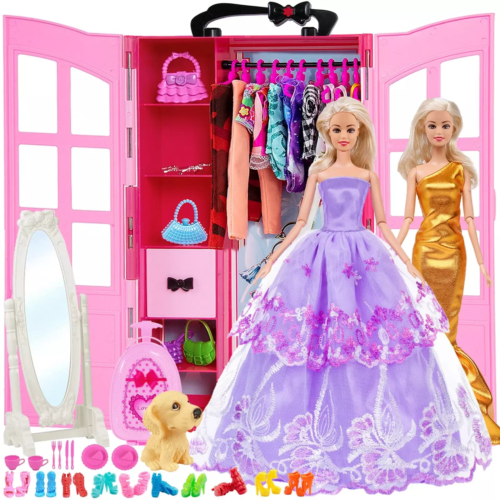 iBayda 11.5 Inch Girl Doll Closet Wardrobe Playset - Pink