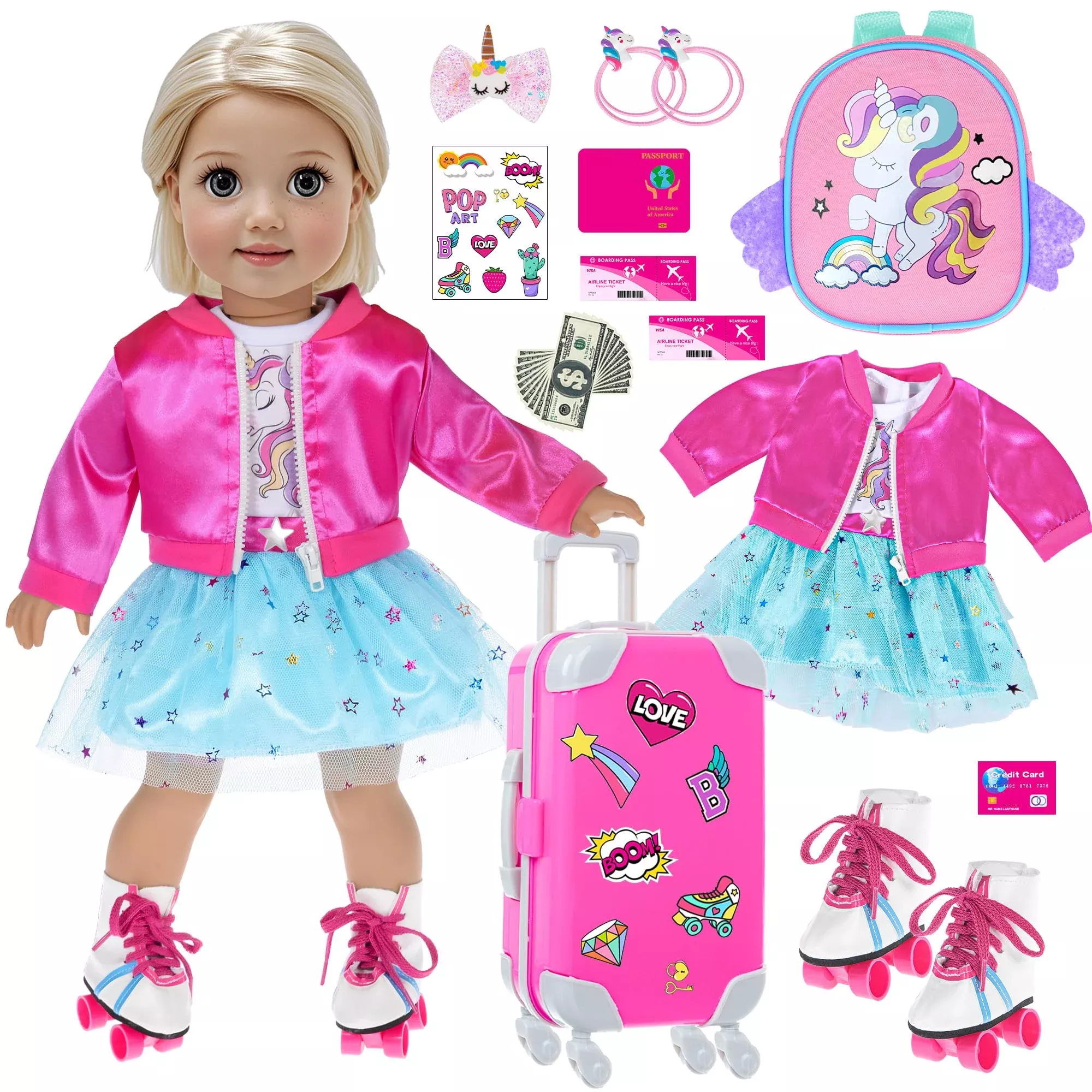 iBayda 18 inch Doll Clothes Travel Set - Rose Coat Luggage with Jacket