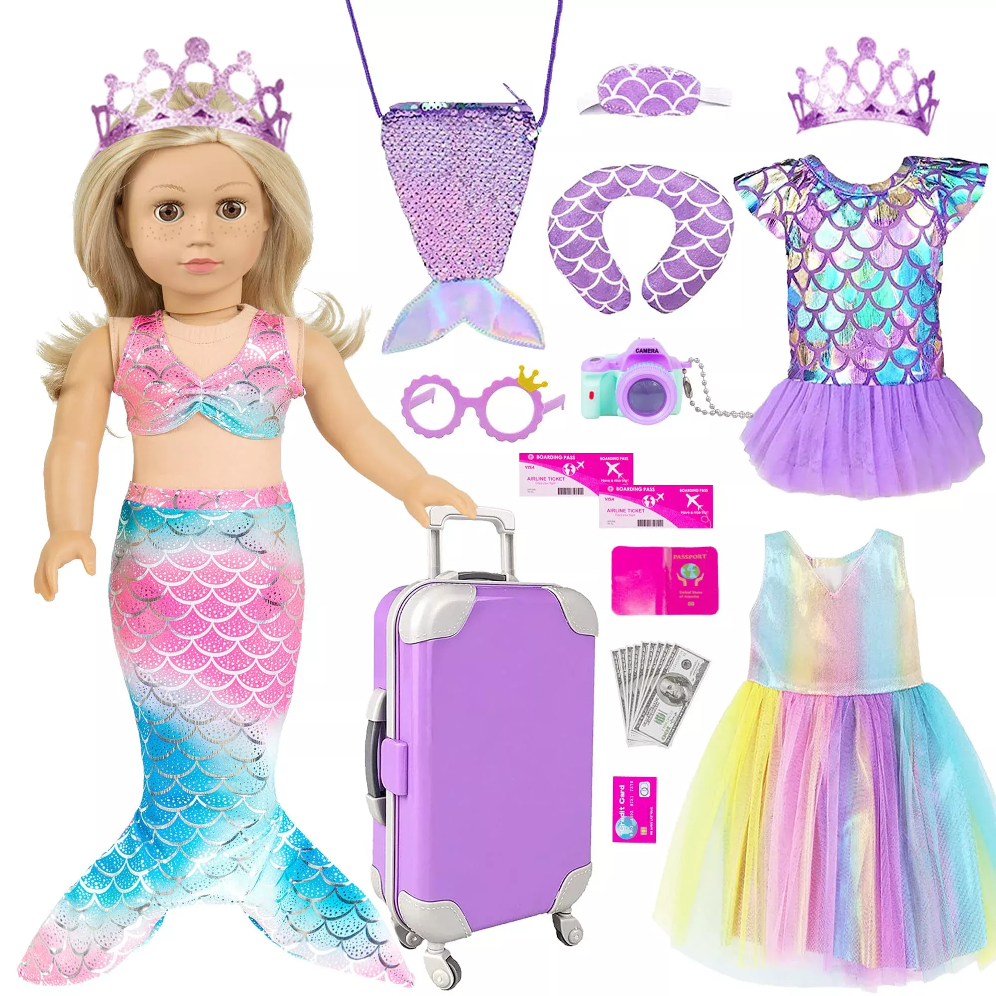 iBayda Doll Clothes Suitcase Play Set for 18 Inch Dolls - Mermaid Color