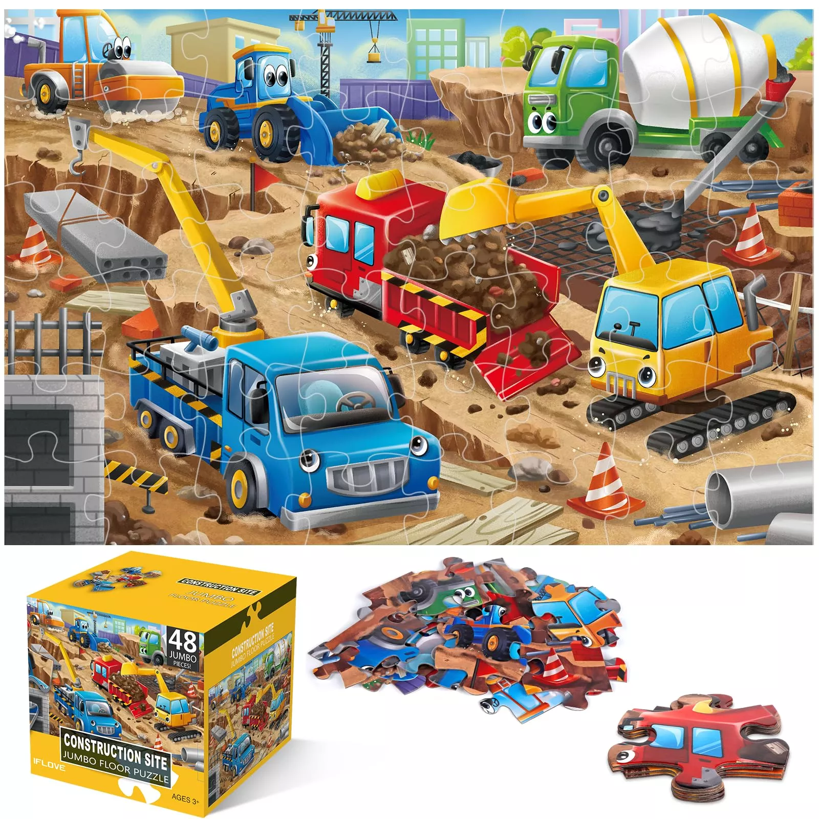IFLOVE Jumbo Floor Puzzle for Kids, 48 Piece Construction, 35.4x23