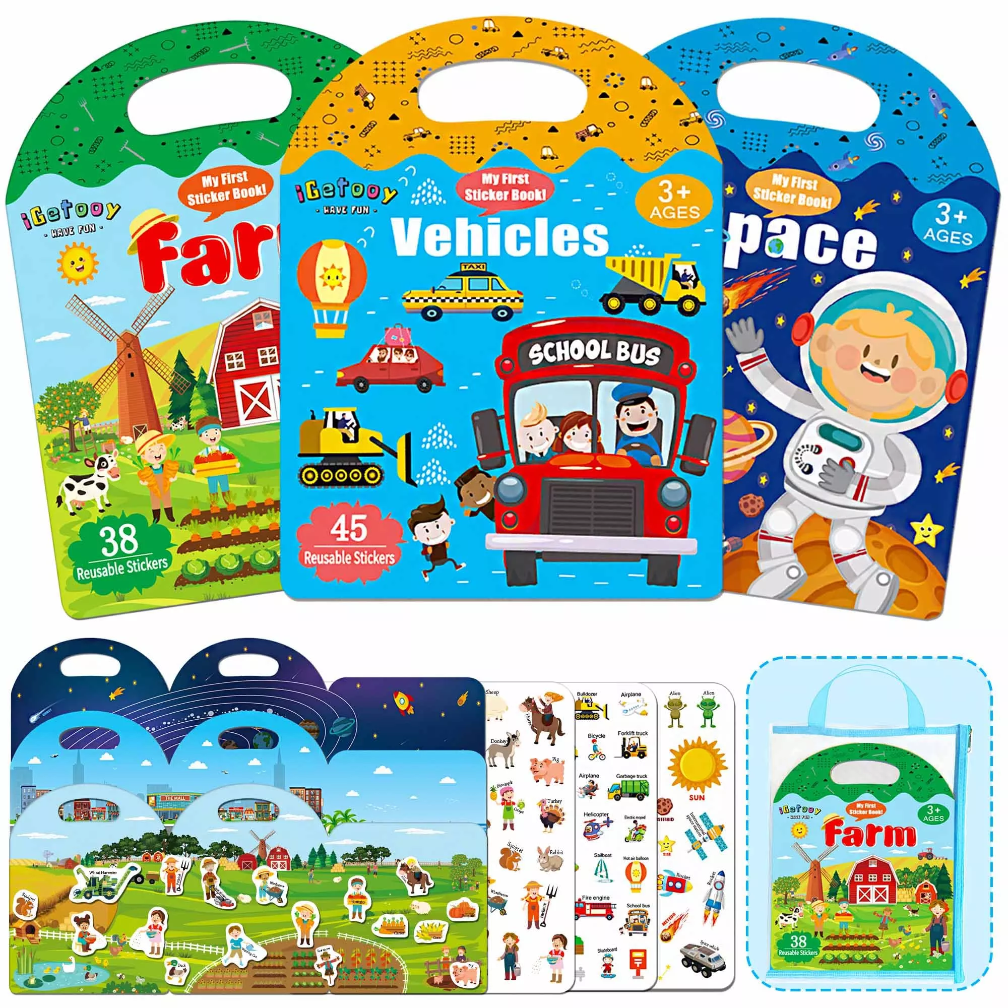 Igetooy 3 Sets Sticker Books For Toddler 1-3, 118 Pcs Reusable Sticker
