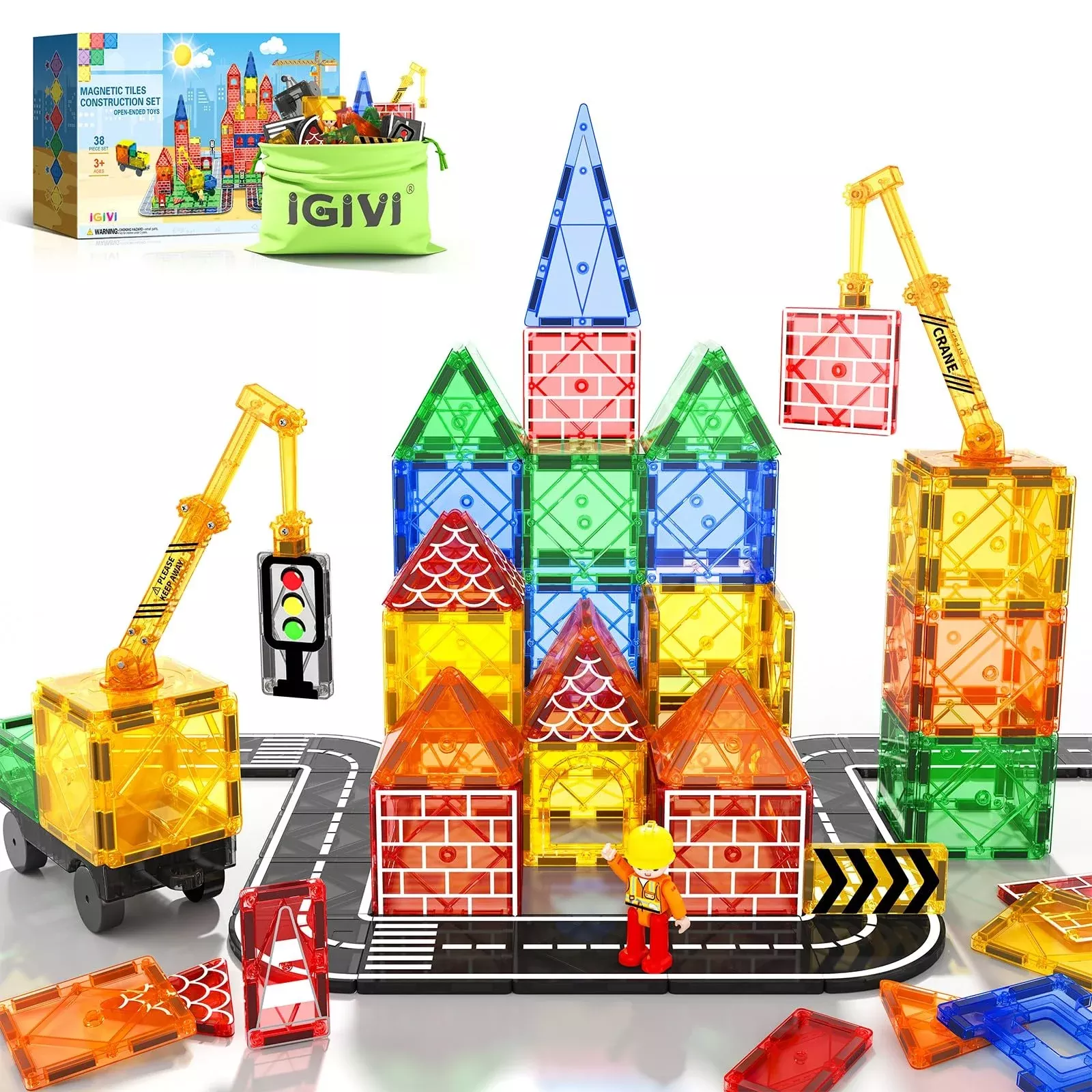 Igivi Magnetic Tiles Road Set With Magnet Crane Car Toys, Construction