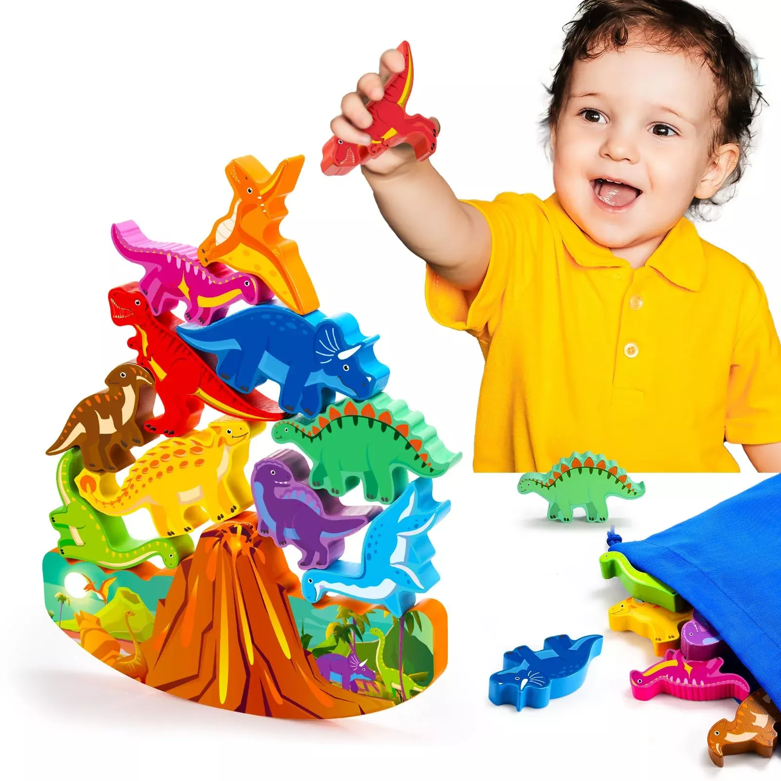 IPOURUP Wooden Dinosaur Stacking Blocks Toy for Kids Ages 3-8
