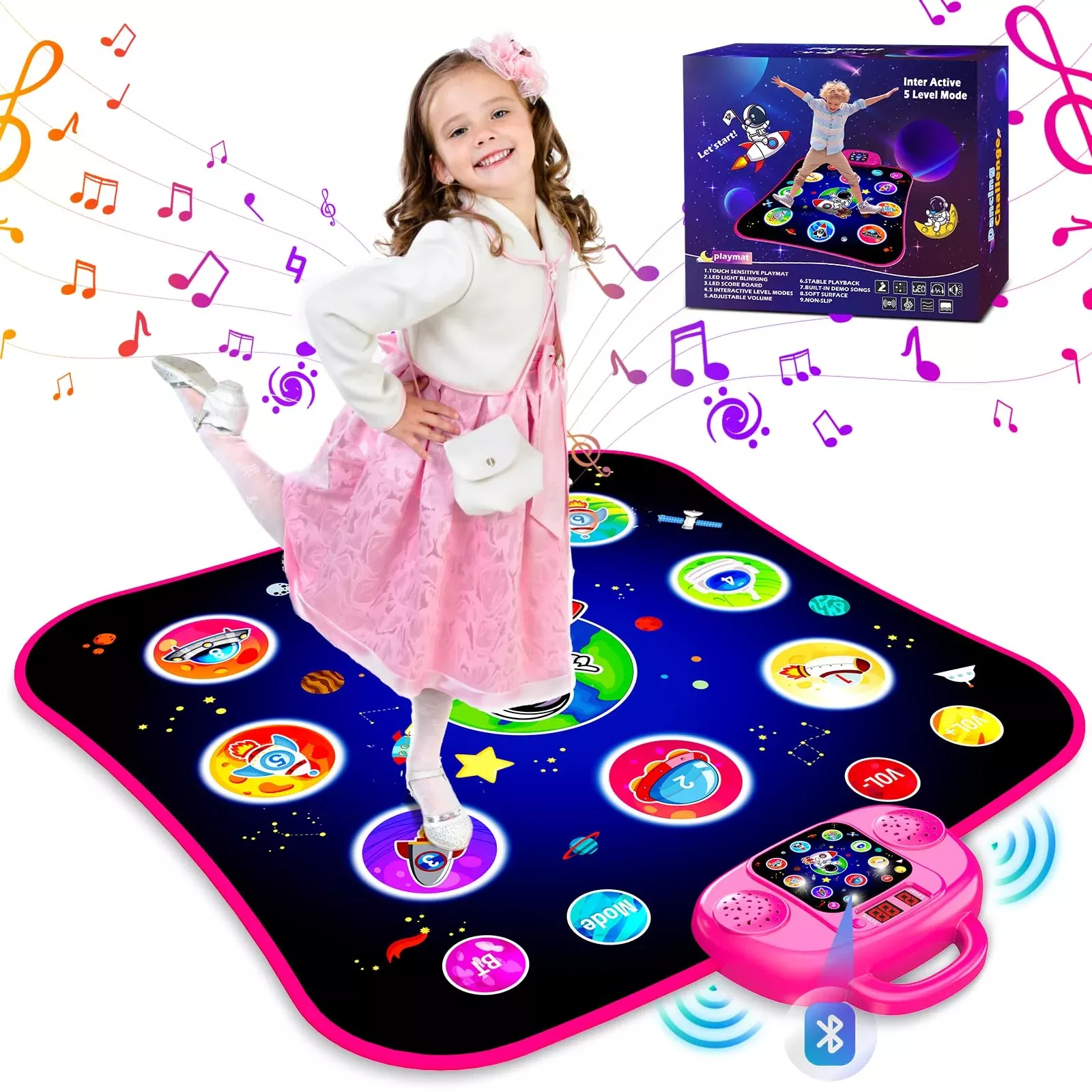 JAMLAMQ Pink Dance Mat Toys for Ages 5-12, Bluetooth Electronic Dance