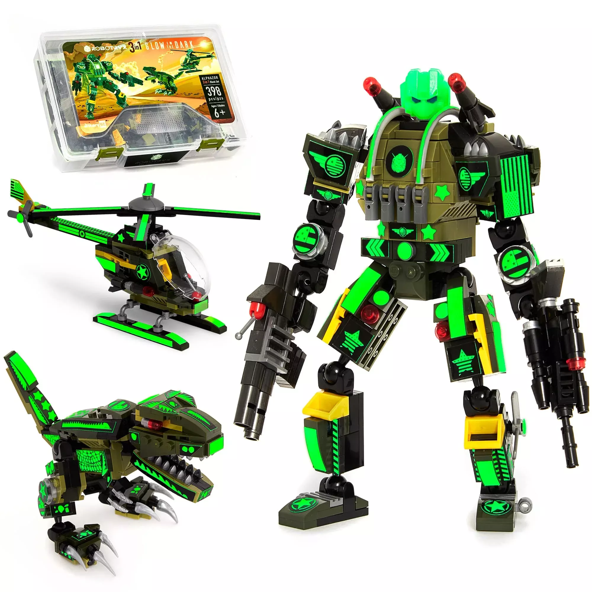 JITTERYGIT Robot Building Toy Set, Glow in Dark, 398 Pieces, Marine Green