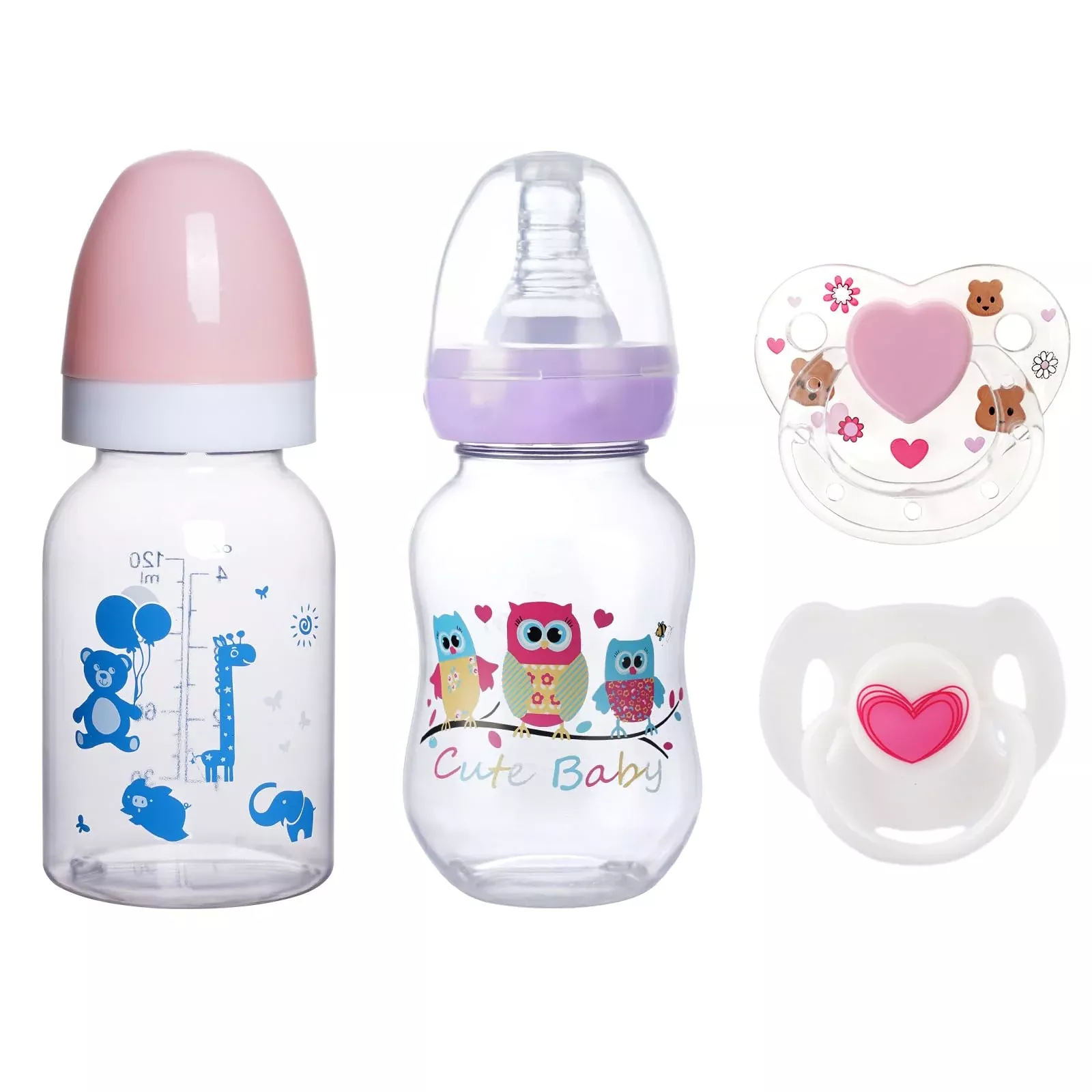 JIZHI Baby Doll Bottles Set - 4 Pcs with Magnetic Pacifiers, Pink/Purp
