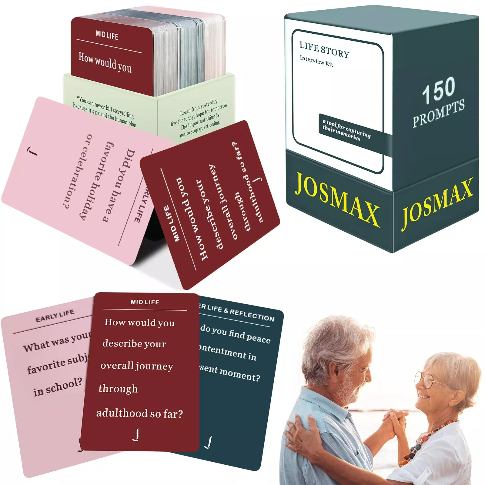 JOSMAX 150 Pcs Life Story Interview Kit Cards - Family Conversation Ca