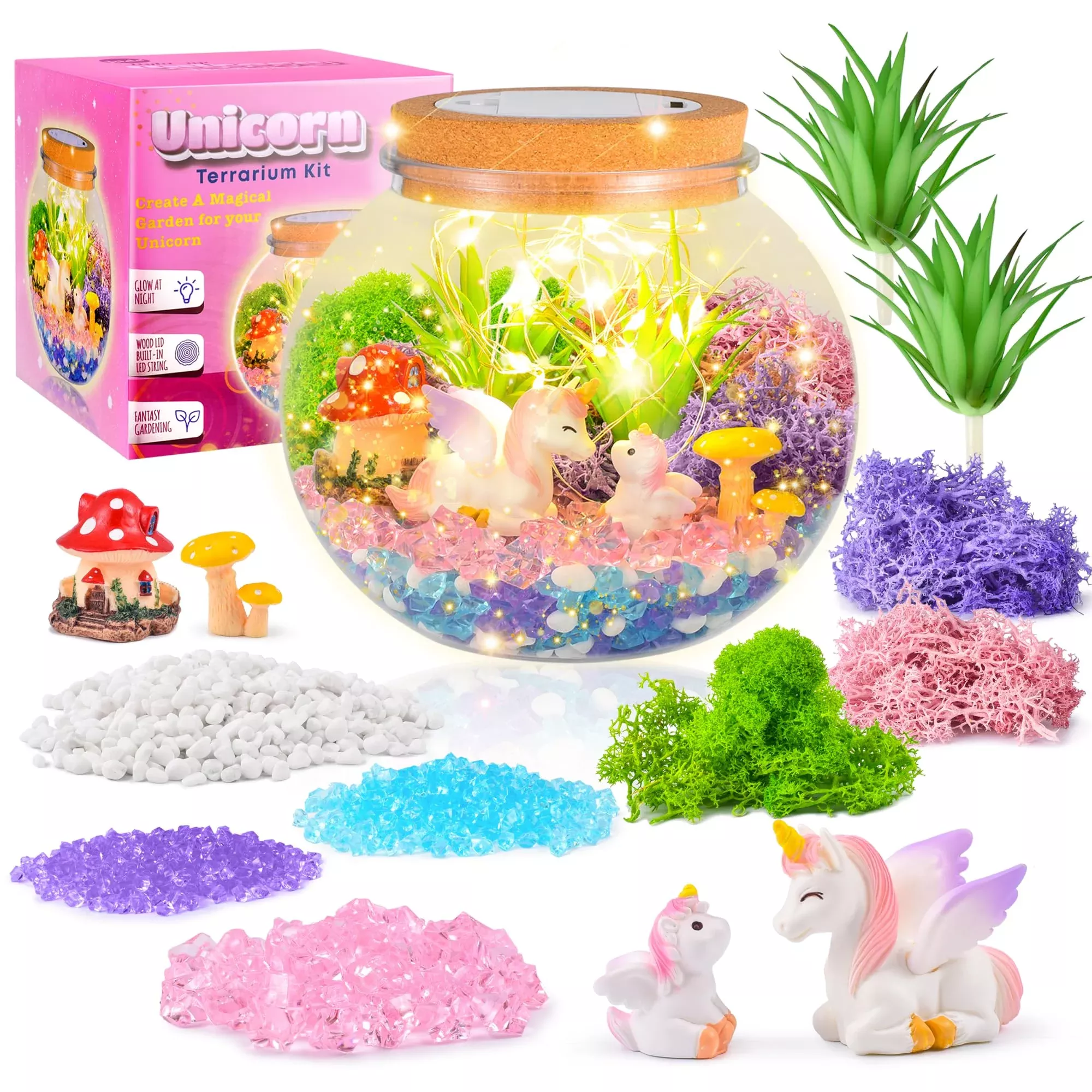 KASU Unicorn Terrarium Kit with LED Lights, 5.3" Garden in Jar