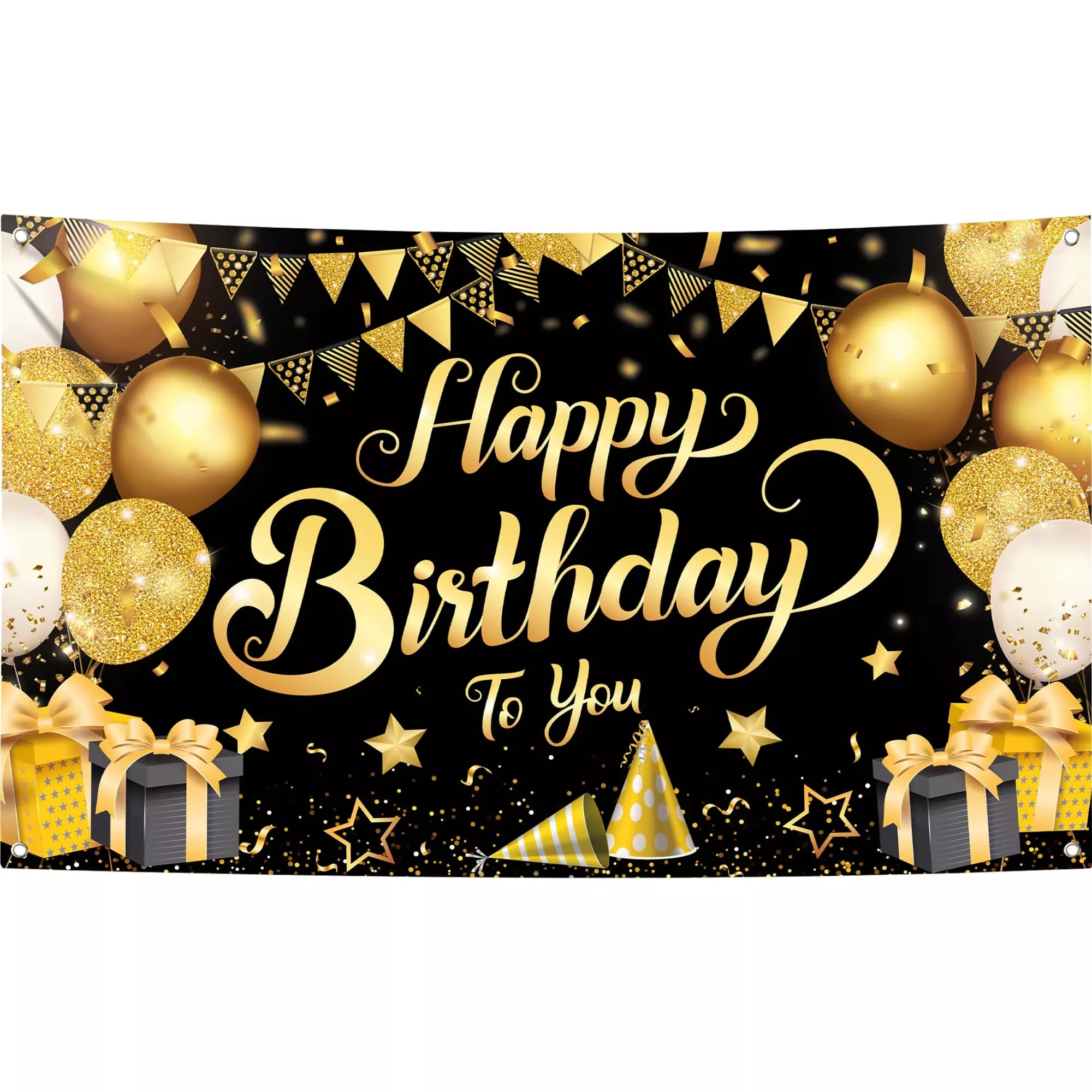 KatchOn Black & Gold Happy Birthday Banner 72x44 Inch Cloth Fabric