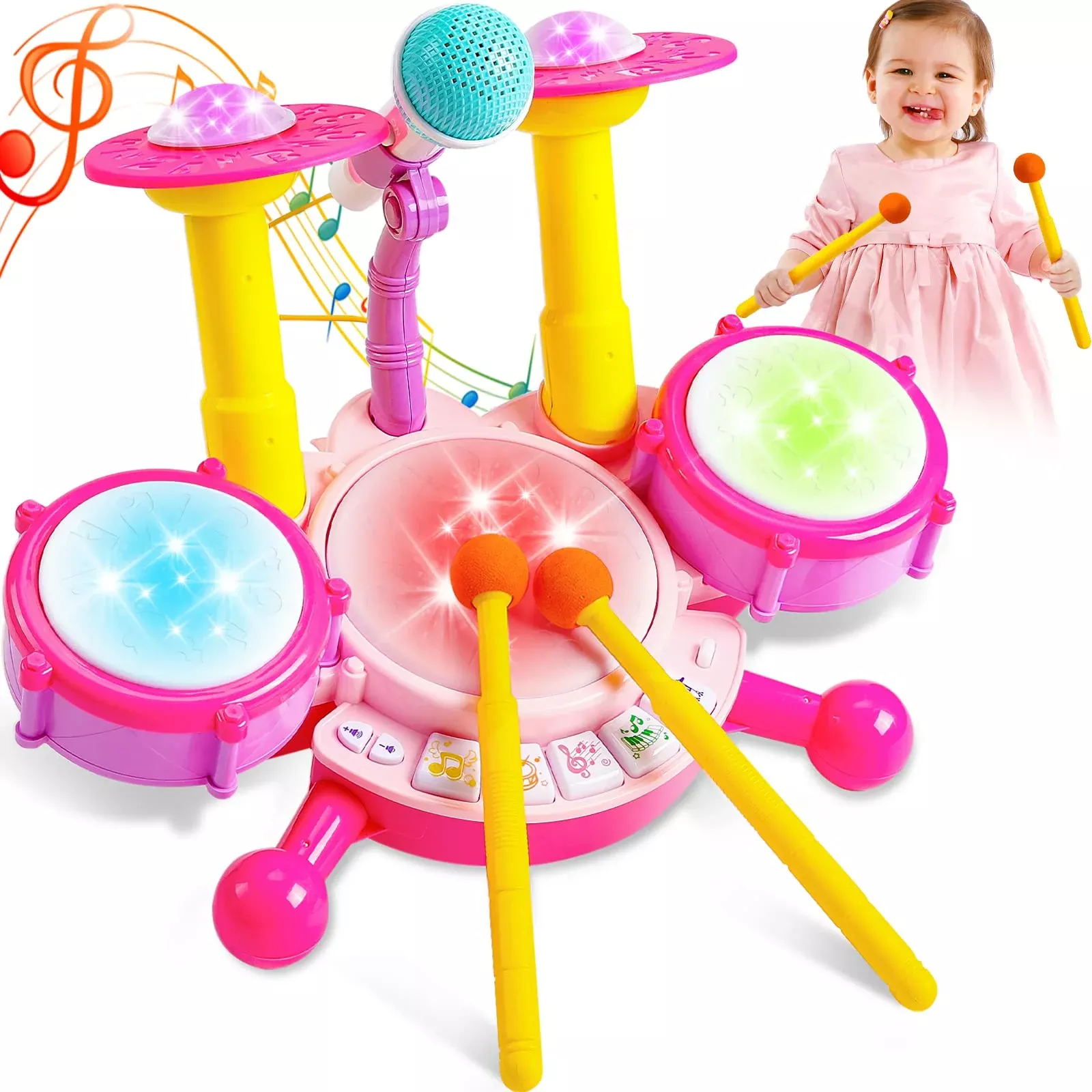 Keysense Lifestyle Kids Drum Set with Microphone, Pink, Small