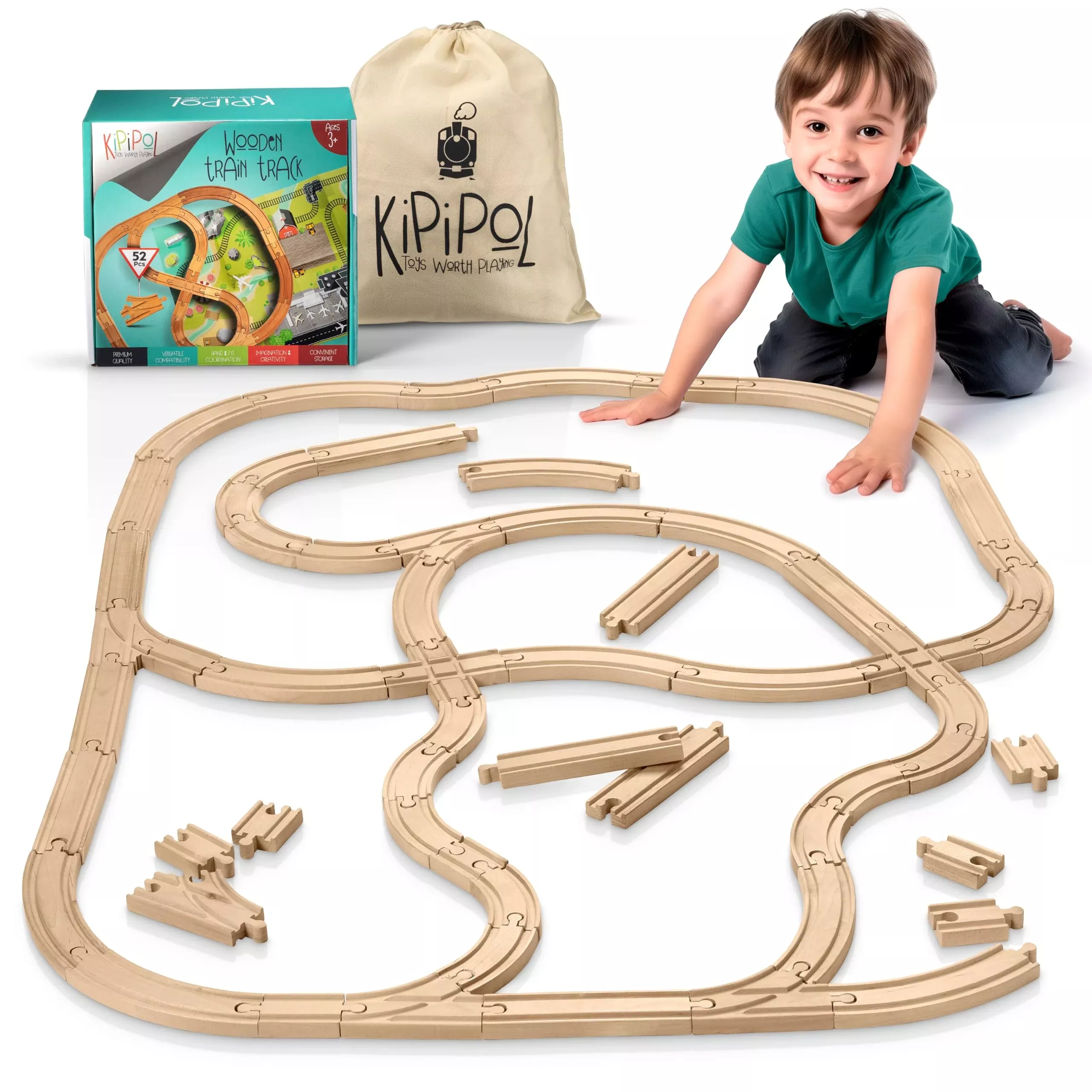 Kipipol Wooden Train Set for Ages 4-8, 52 Pieces, Compatible