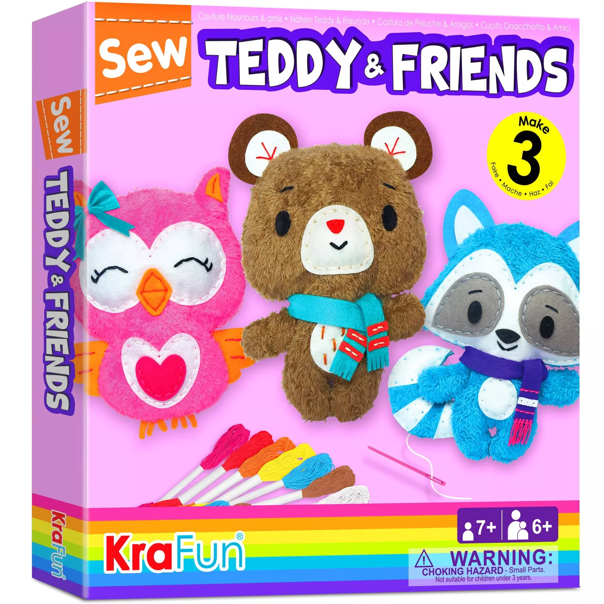 KRAFUN Sewing Craft Kit for Kids - Teddy & Friends, Small, 3 Dolls