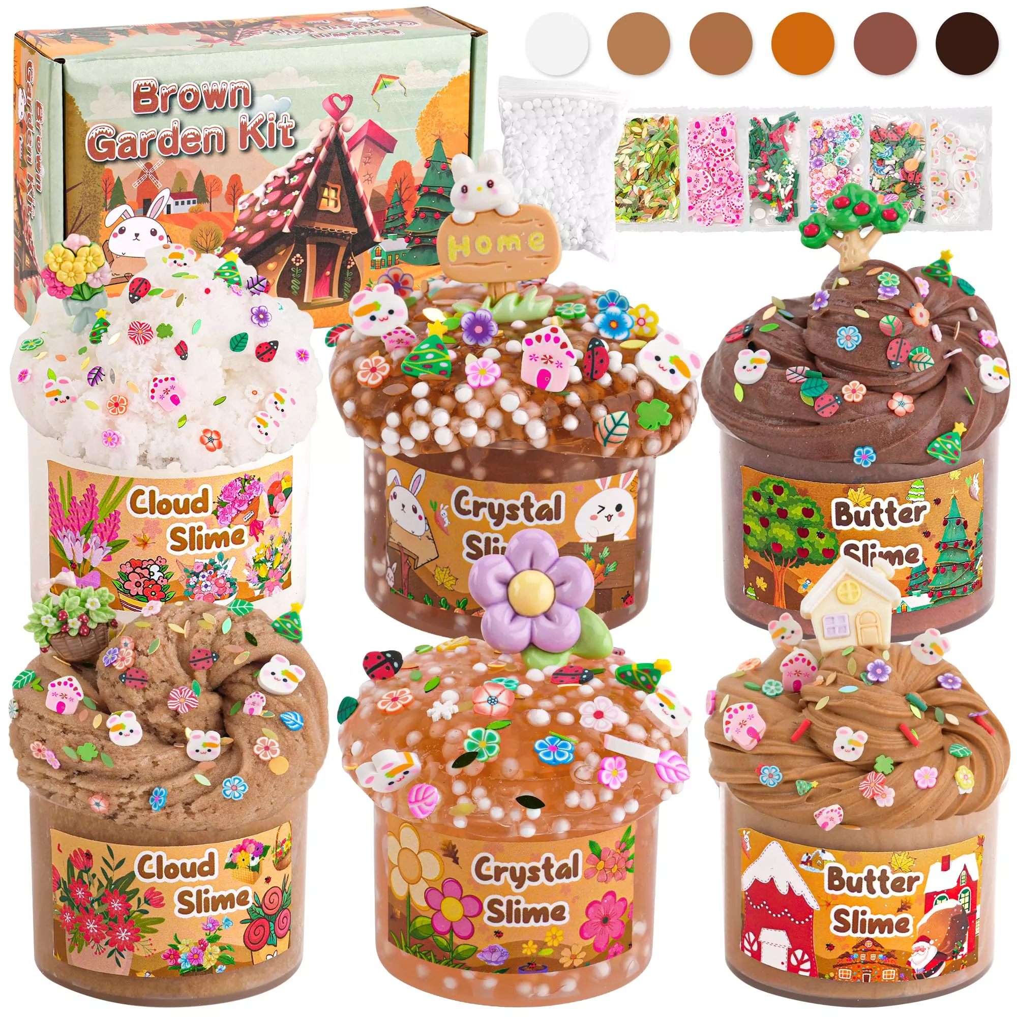 LAWOHO Brown Garden Slime Kit with 6 Packs and Christmas Charms