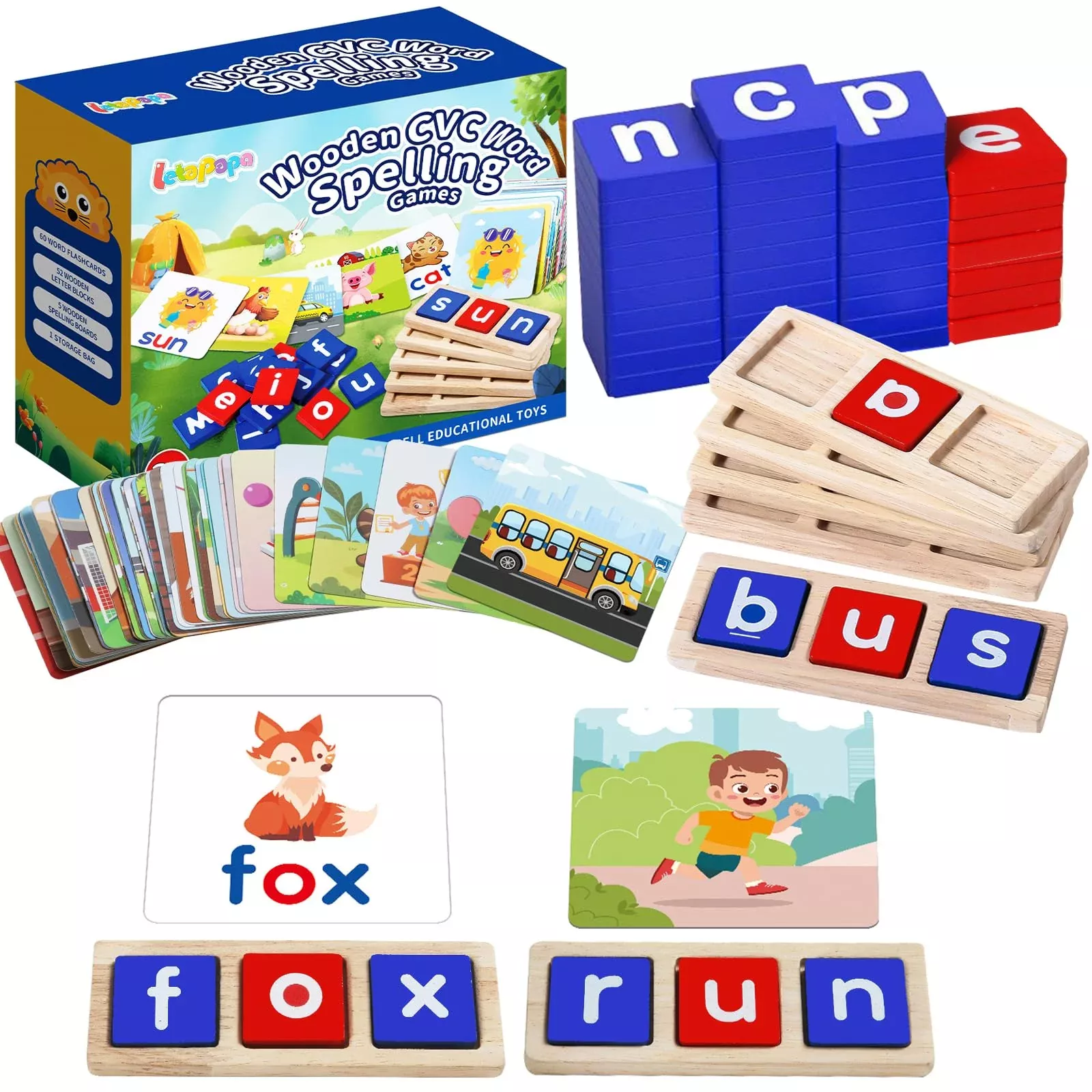 Letapapa Wooden CVC Word Flash Cards Set for Toddlers, Medium