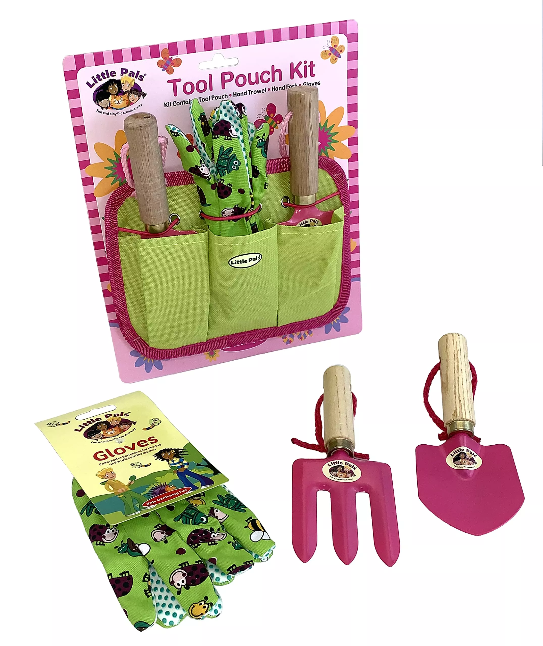 Little Pals Gardening Set for Kids - Pink Gloves, Tool Pouch, Trowel