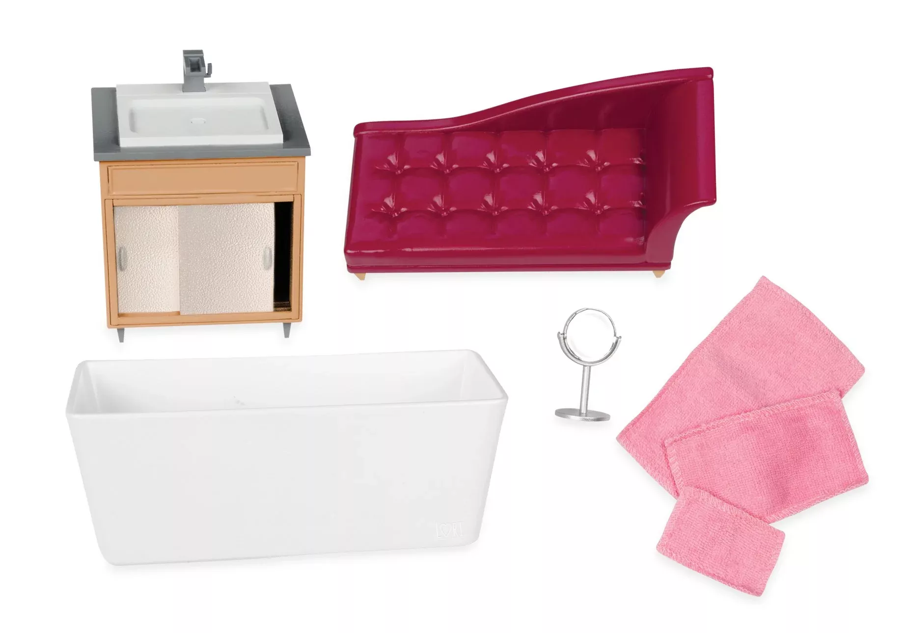 Lori Luxury Bathroom Set for 6-Inch Mini Dolls, Pink/White/Red
